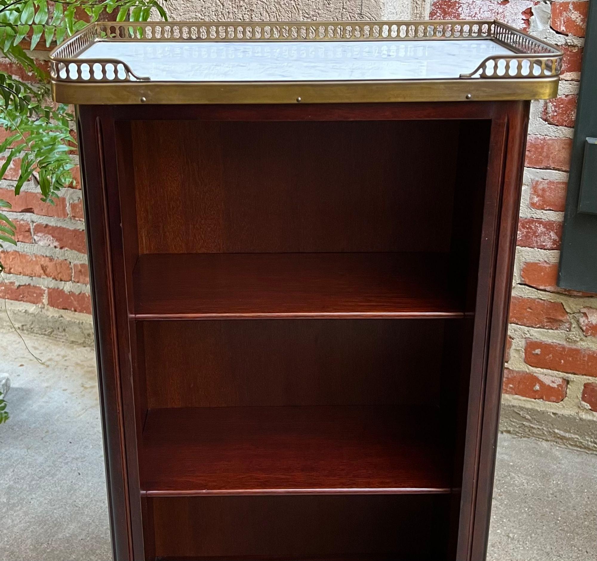 Brass PETITE Antique French Open Bookcase White Marble Louis XVI Mahogany c1930