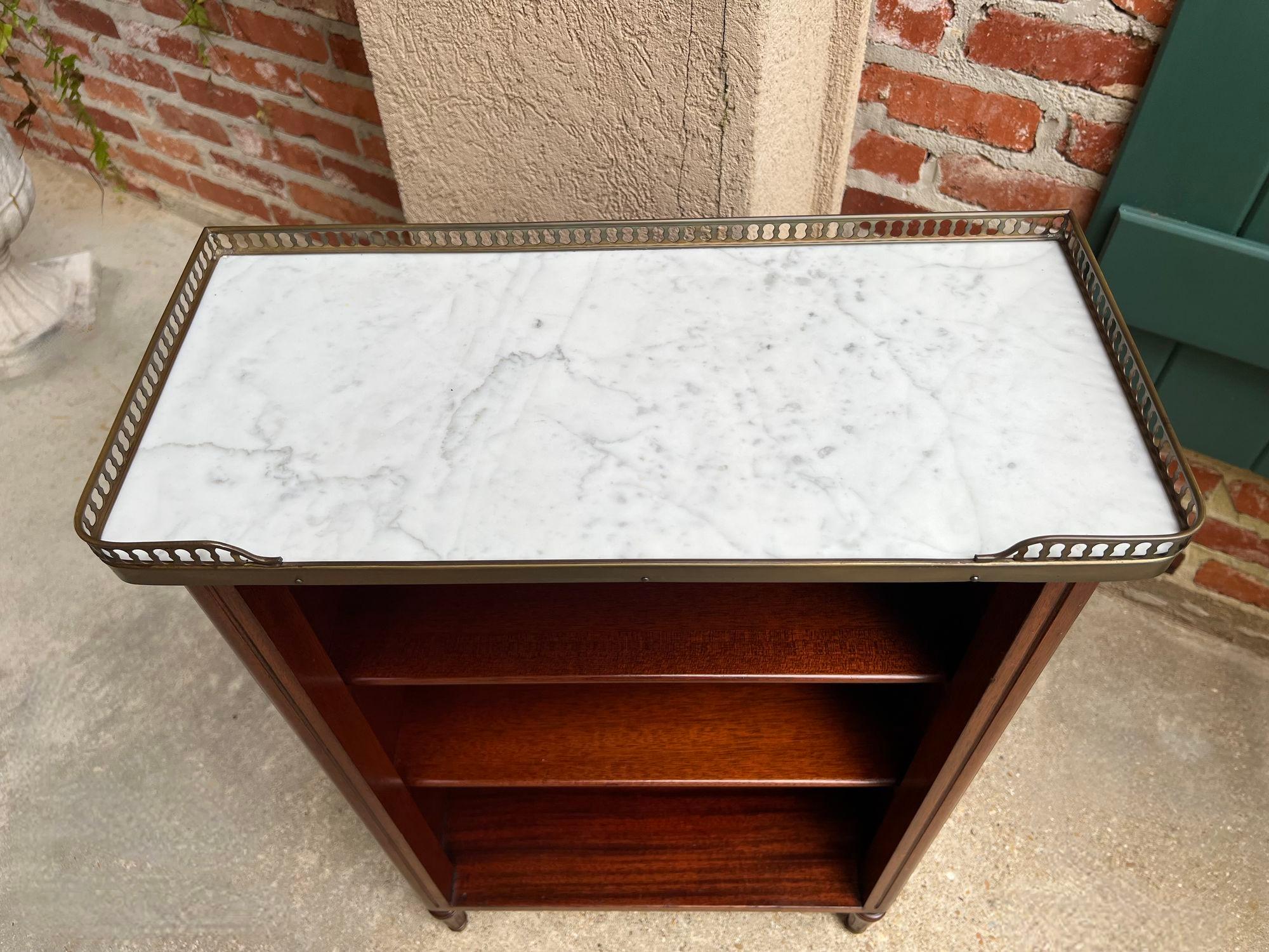 Brass PETITE Antique French Open Bookcase White Marble Louis XVI Mahogany c1930