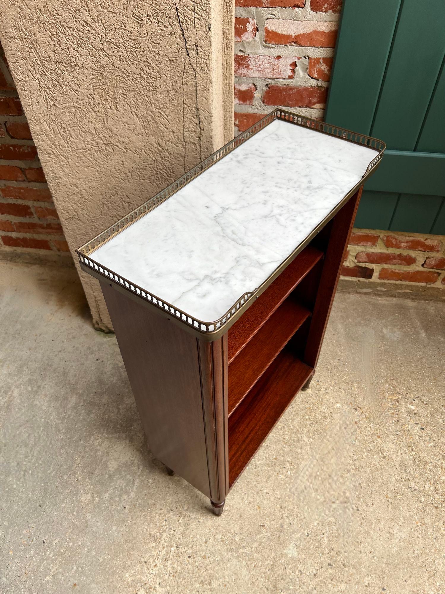 PETITE Antique French Open Bookcase White Marble Louis XVI Mahogany c1930 2