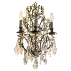 Petite Antique French Silvered Bronze Crystal Chandelier, Circa 1920-1930
