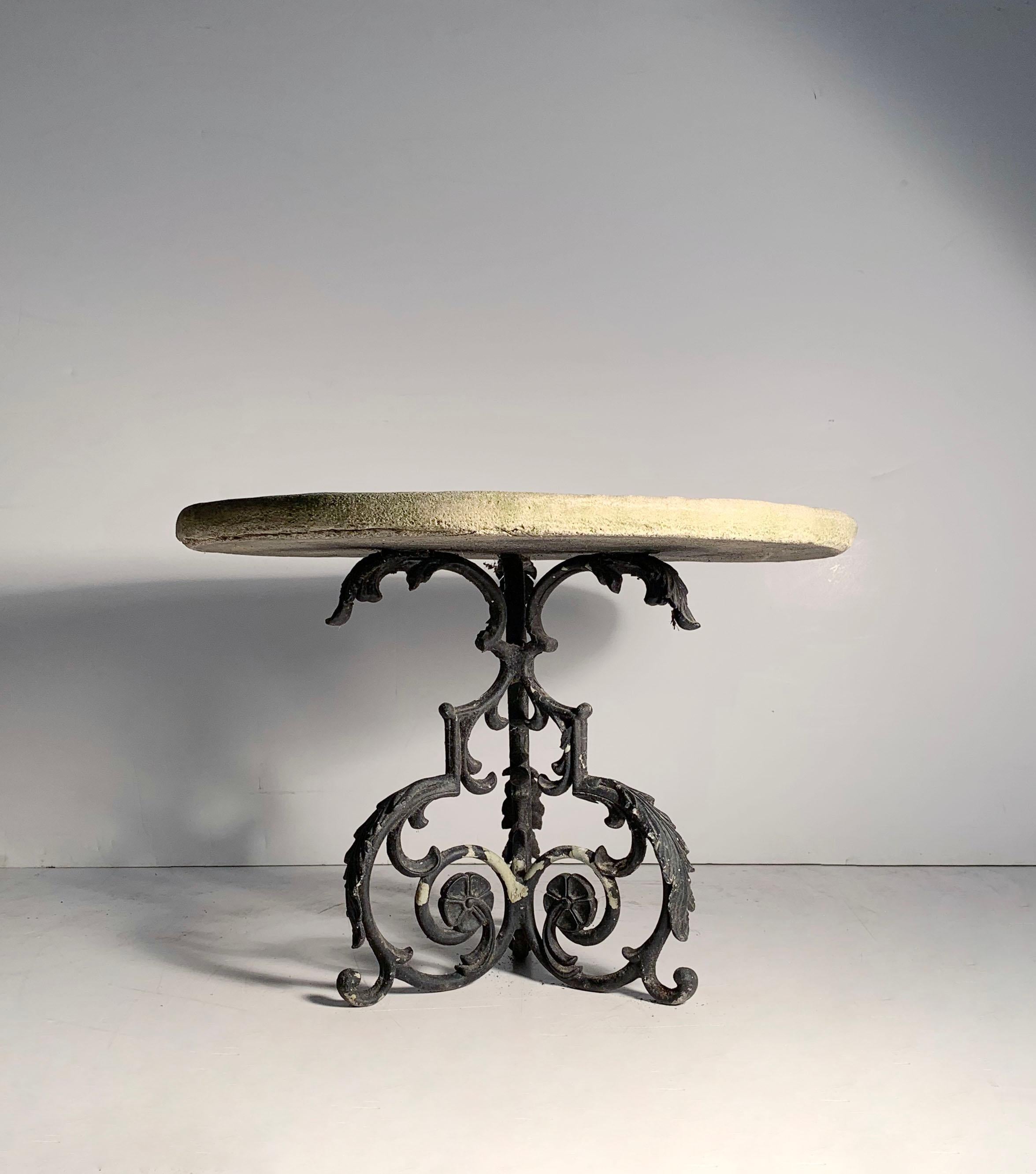 Neoclassical Petite Antique Garden Table with Elaborate Cast Stone Top For Sale