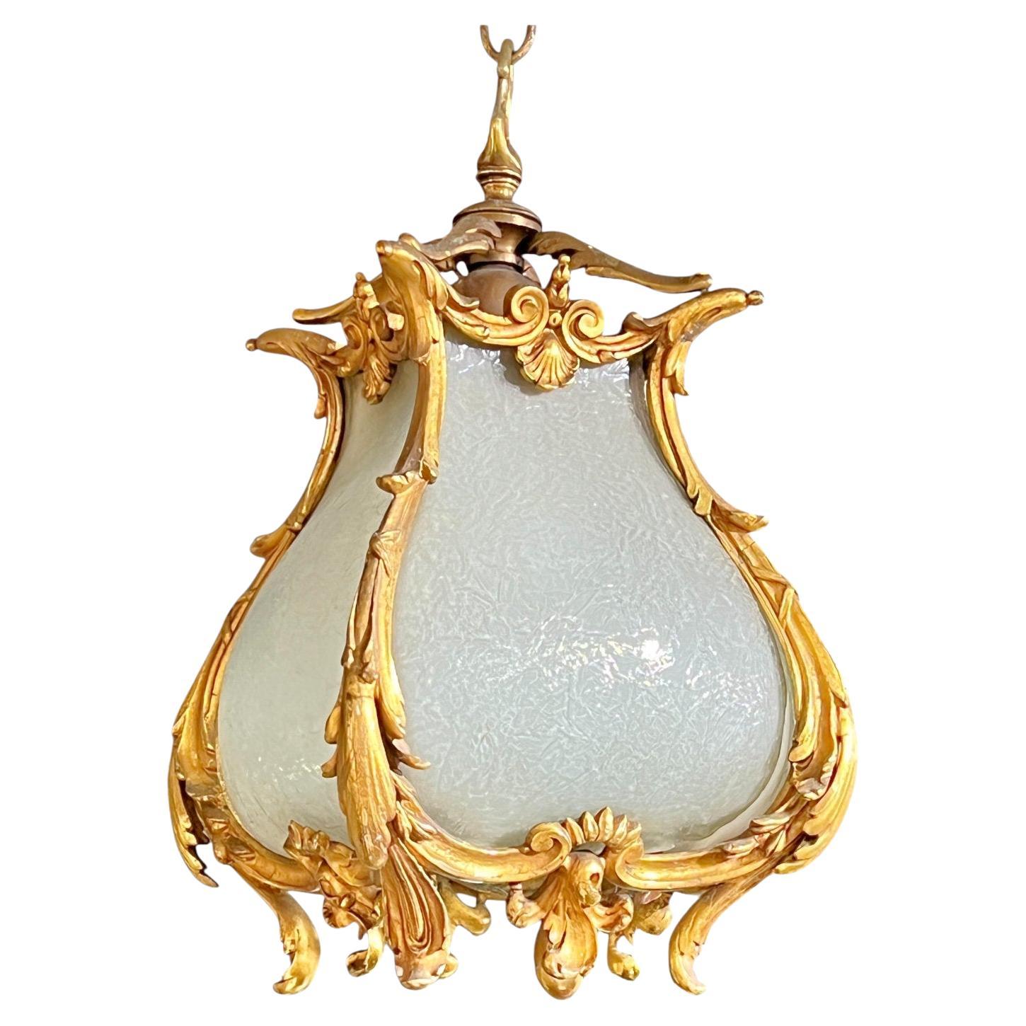 Petite Antique Gilt Bronze Lantern with Frosted Glass