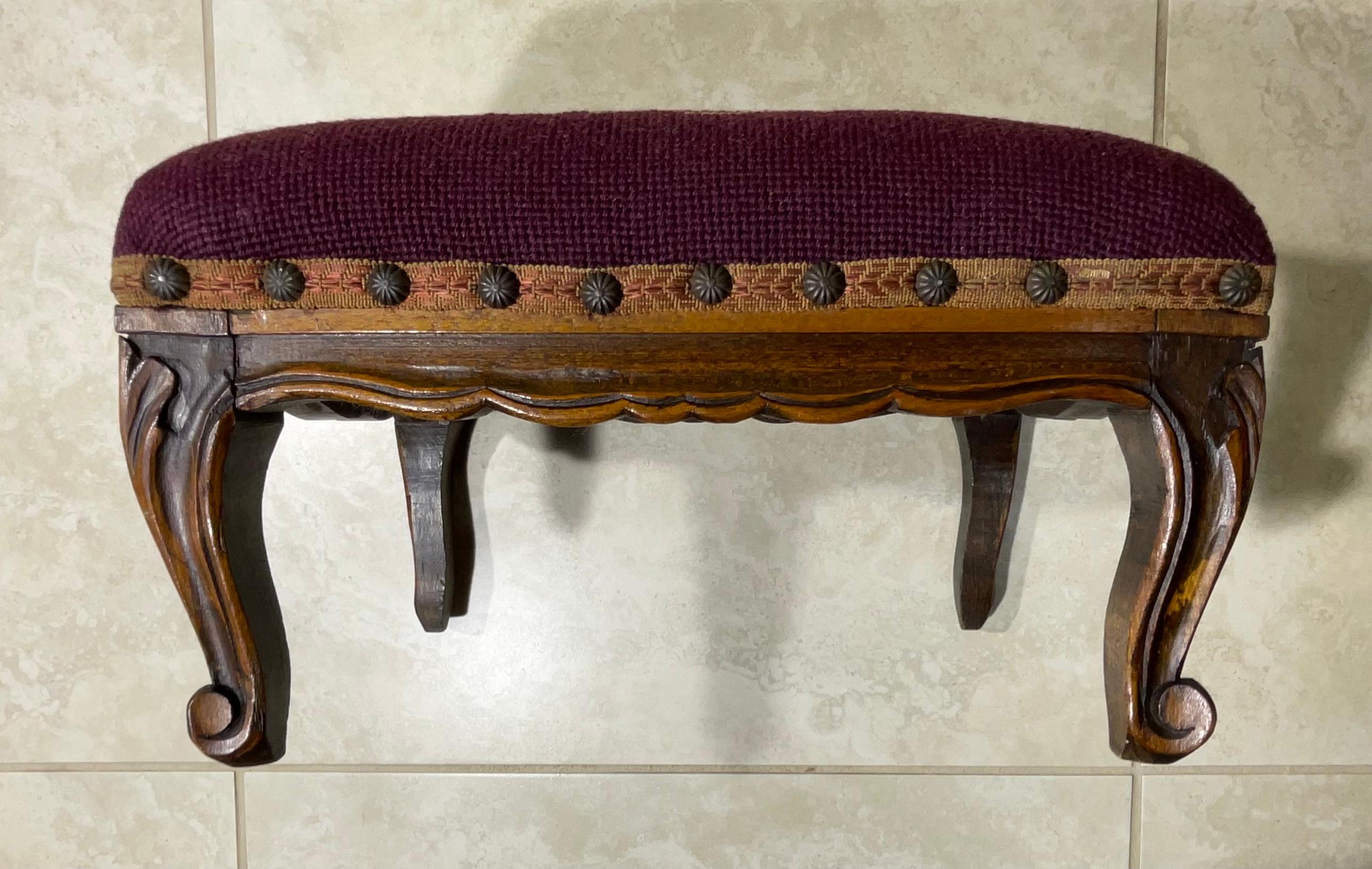 Embroidered Petite Antique Hand Carved Needlepoint Textile Upholstered Foot Stool For Sale