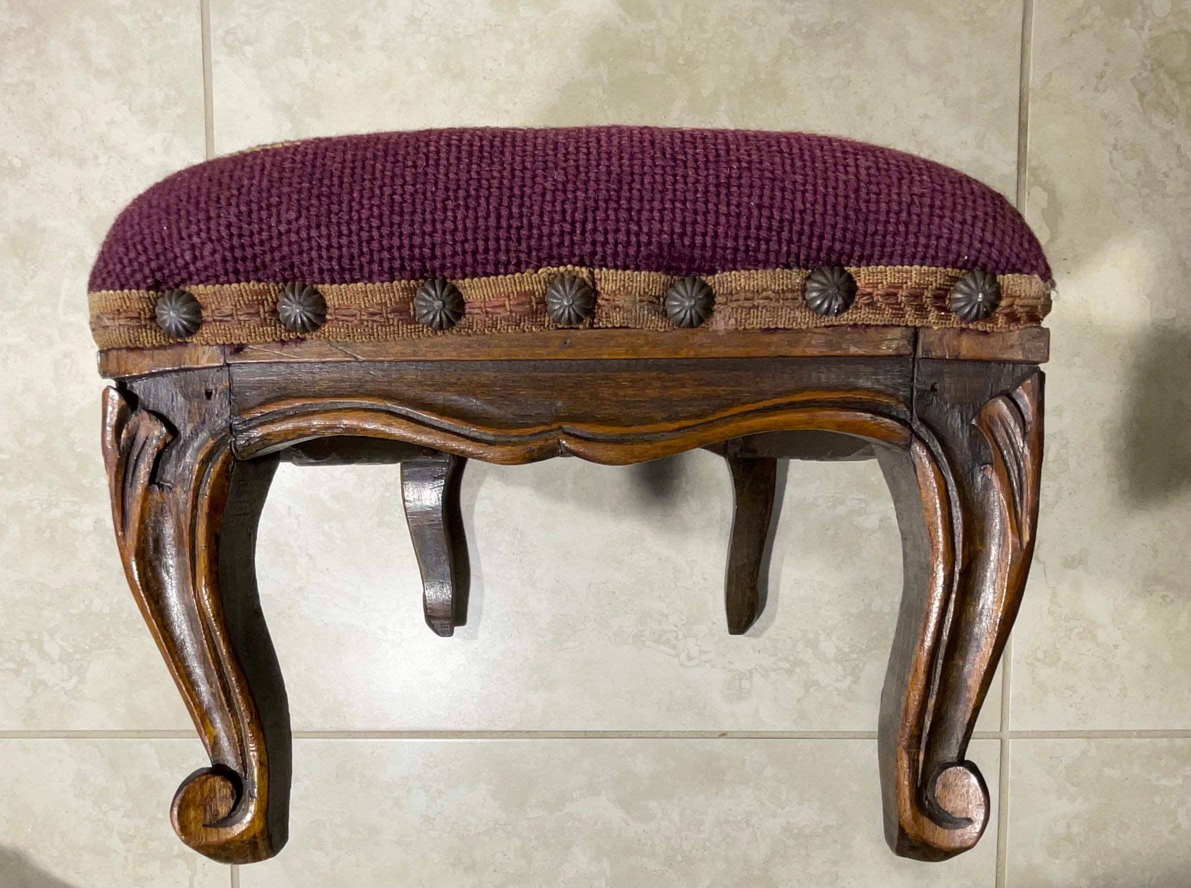Wood Petite Antique Hand Carved Needlepoint Textile Upholstered Foot Stool For Sale