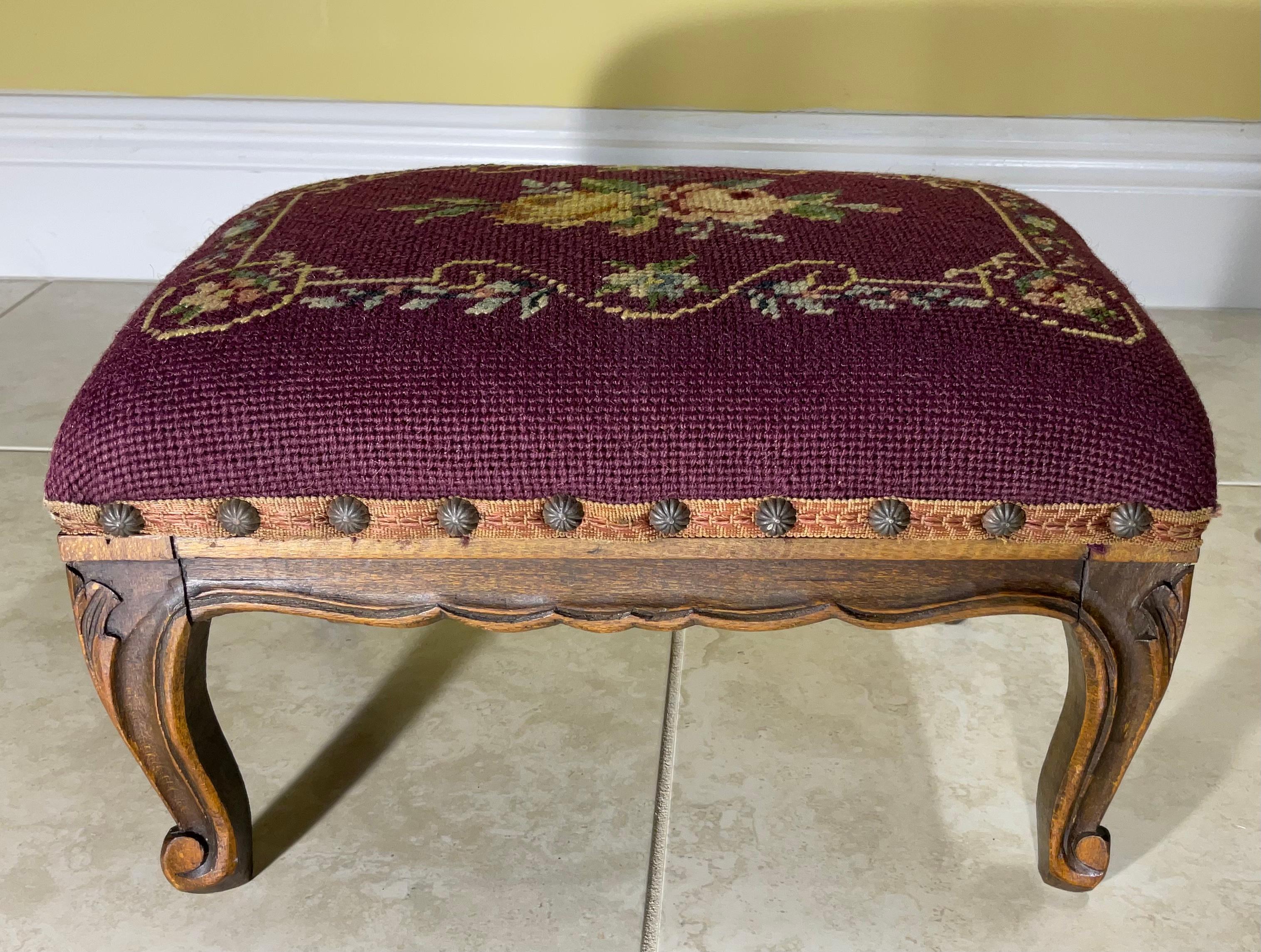 Petite Antique Hand Carved Needlepoint Textile Upholstered Foot Stool For Sale 1