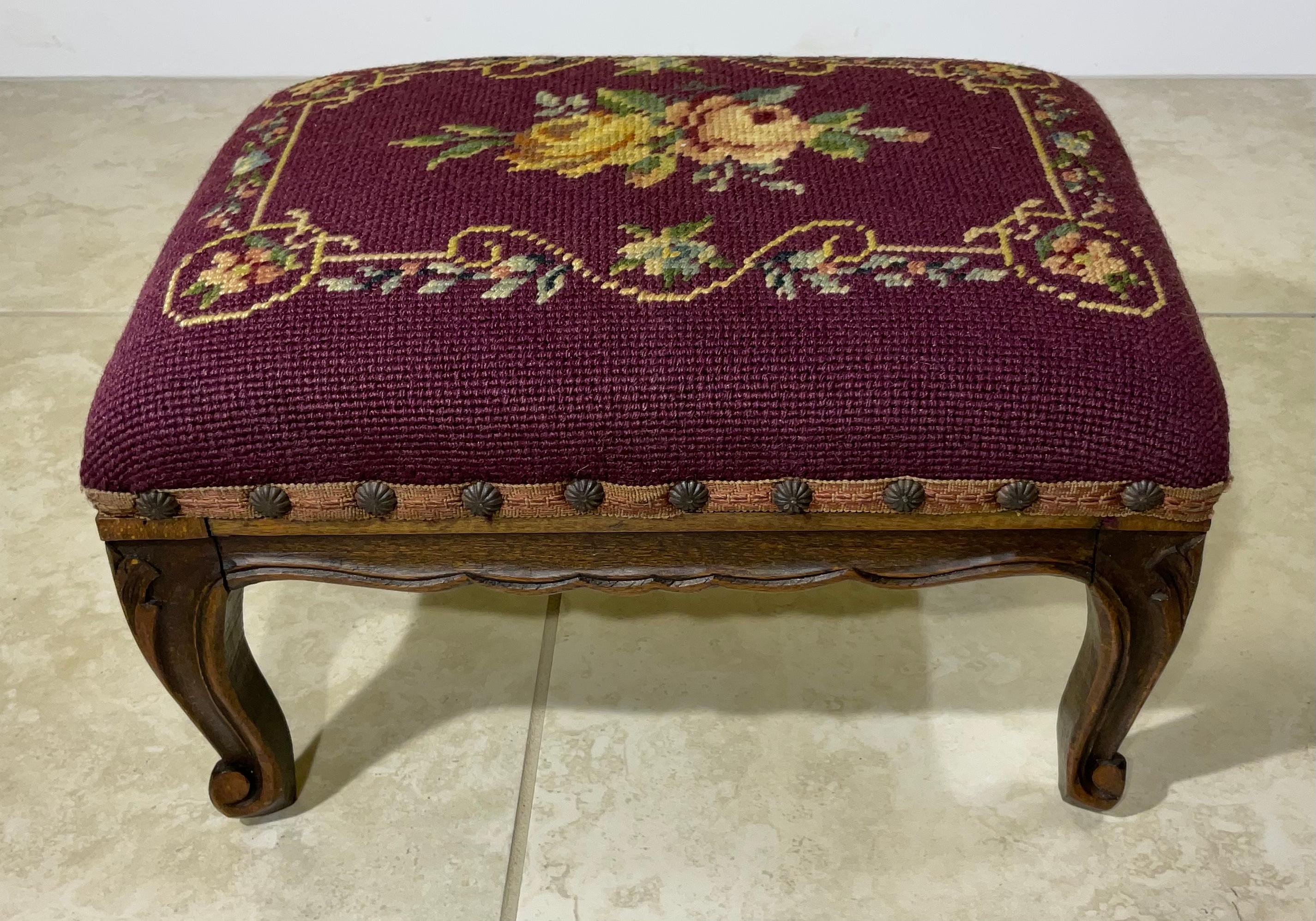 Petite Antique Hand Carved Needlepoint Textile Upholstered Foot Stool For Sale 2