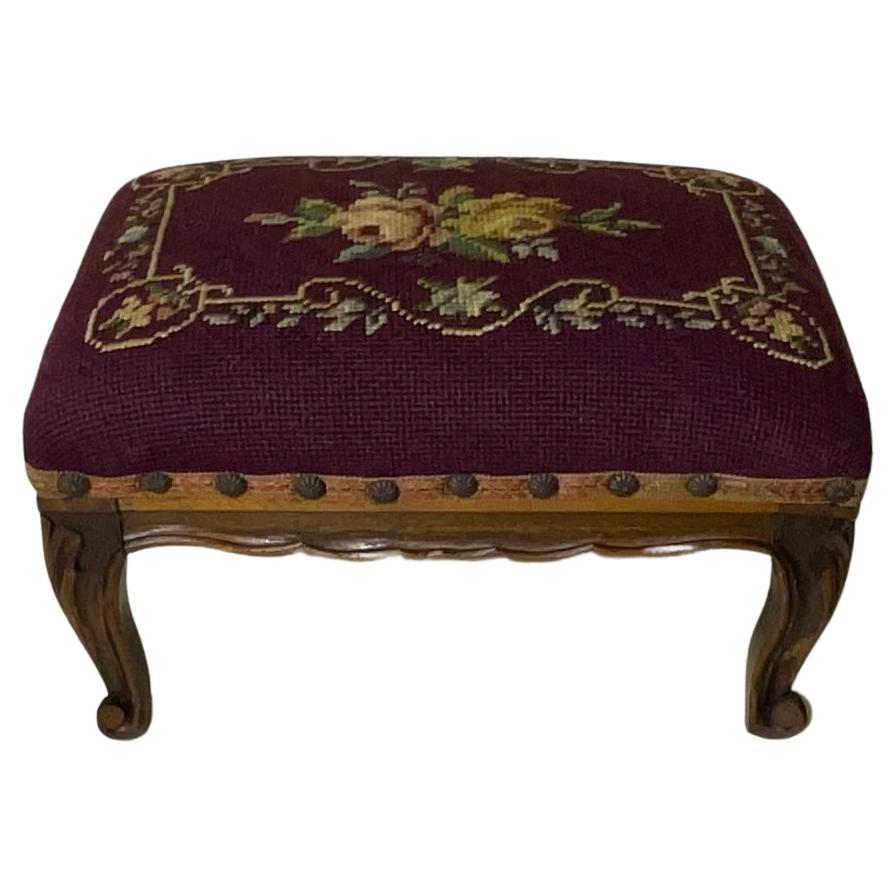 Petite Antique Hand Carved Needlepoint Textile Upholstered Foot Stool