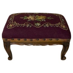 Petite Antique Hand Carved Needlepoint Textile Upholstered Foot Stool