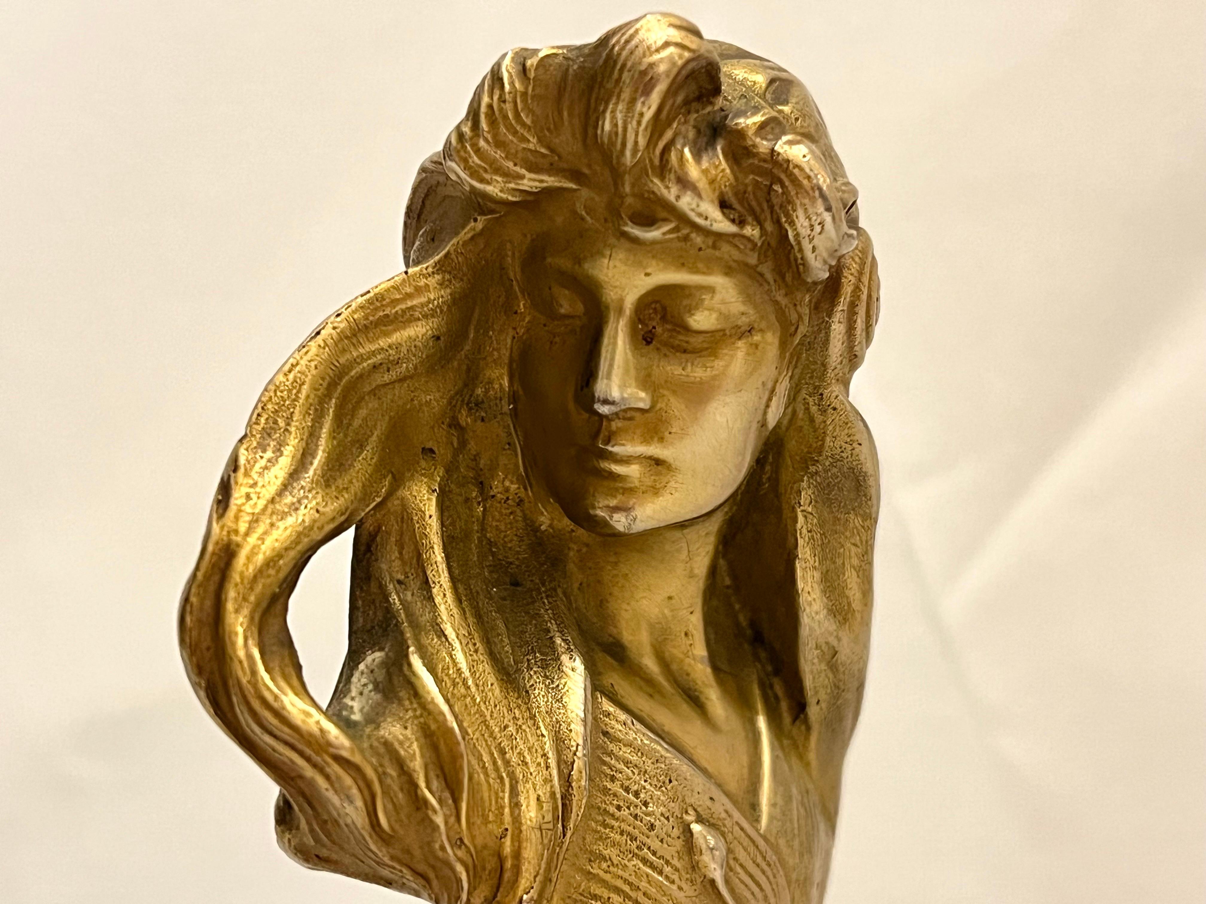 Petite Antique Hans Muller Gilt Bronze Art Nouveau Bust of a Young Woman Signed 3