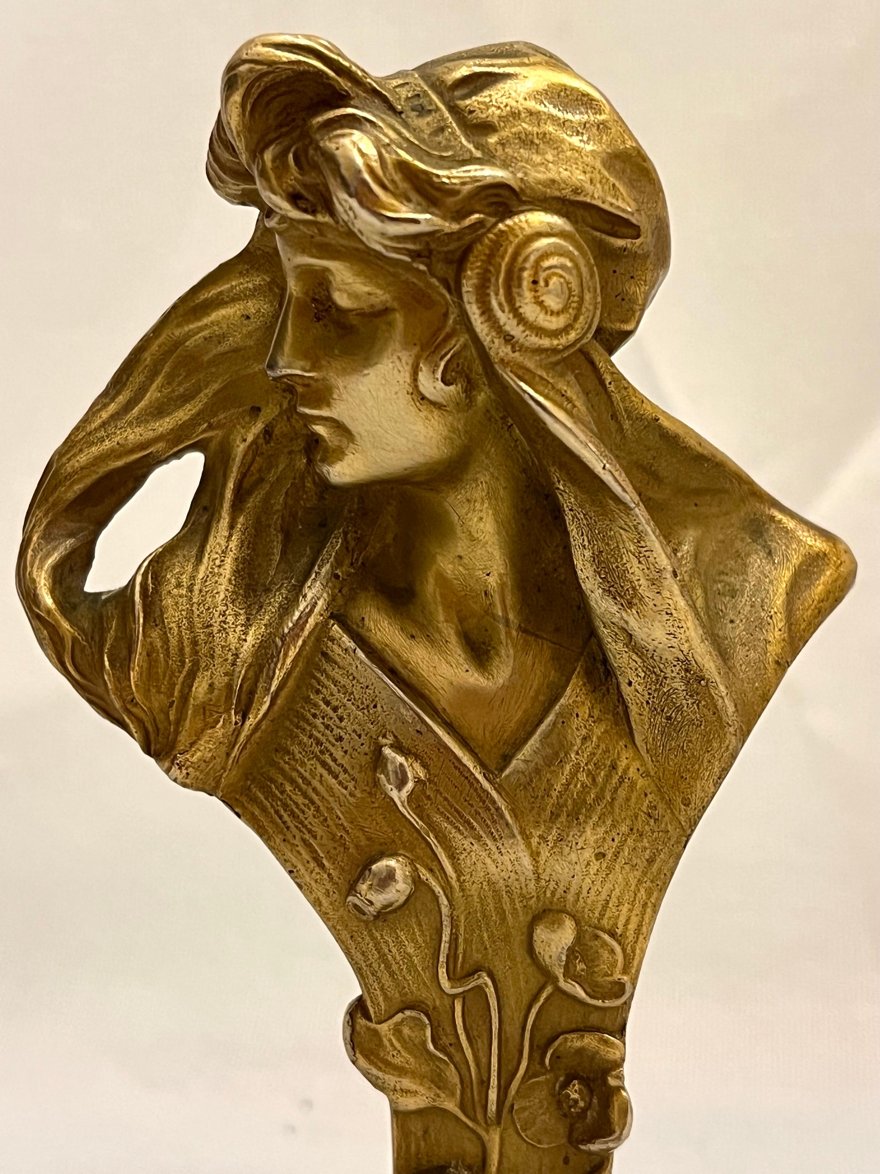 Petite Antique Hans Muller Gilt Bronze Art Nouveau Bust of a Young Woman Signed 4