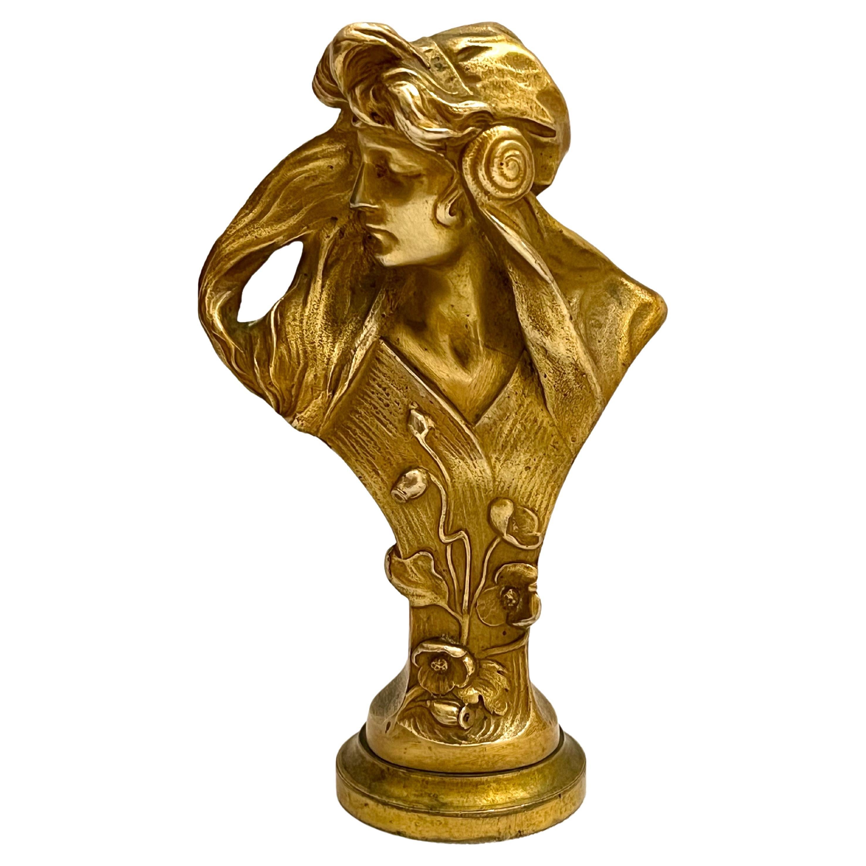 Petite Antique Hans Muller Gilt Bronze Art Nouveau Bust of a Young Woman Signed