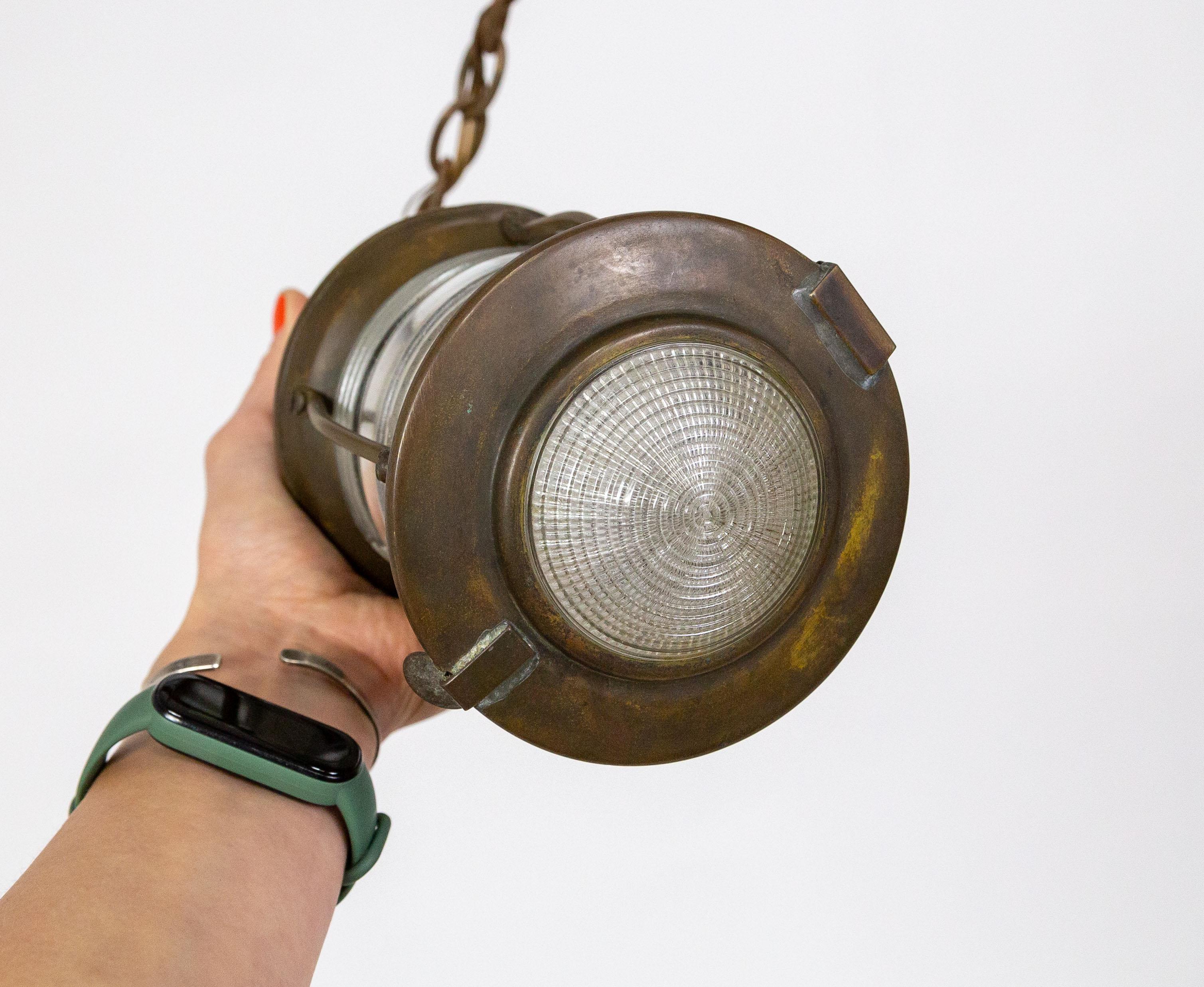Petite Antique Nautical Lantern w/ Holophane Diffuser For Sale 5