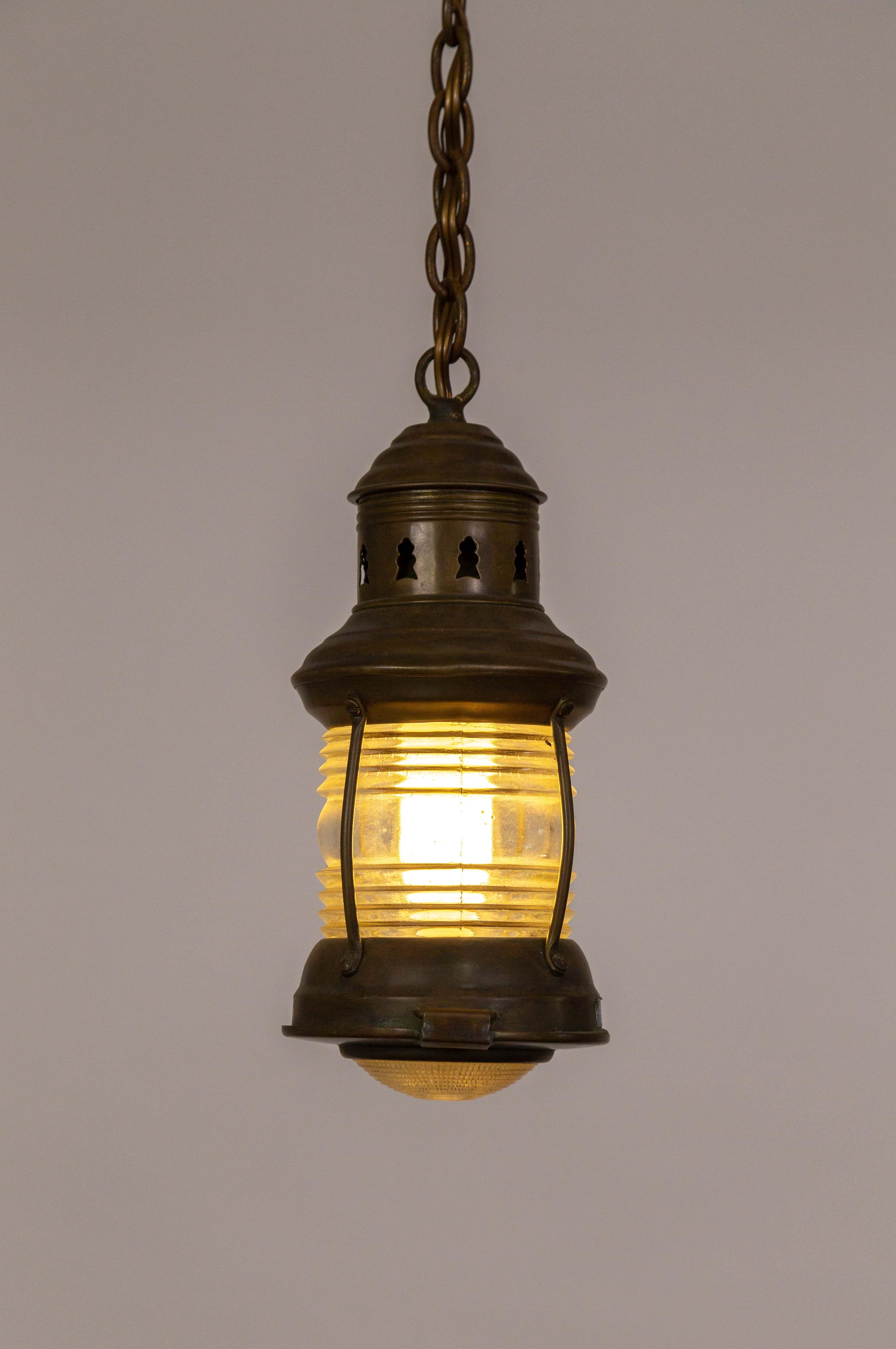 Petite Antique Nautical Lantern w/ Holophane Diffuser In Good Condition For Sale In San Francisco, CA