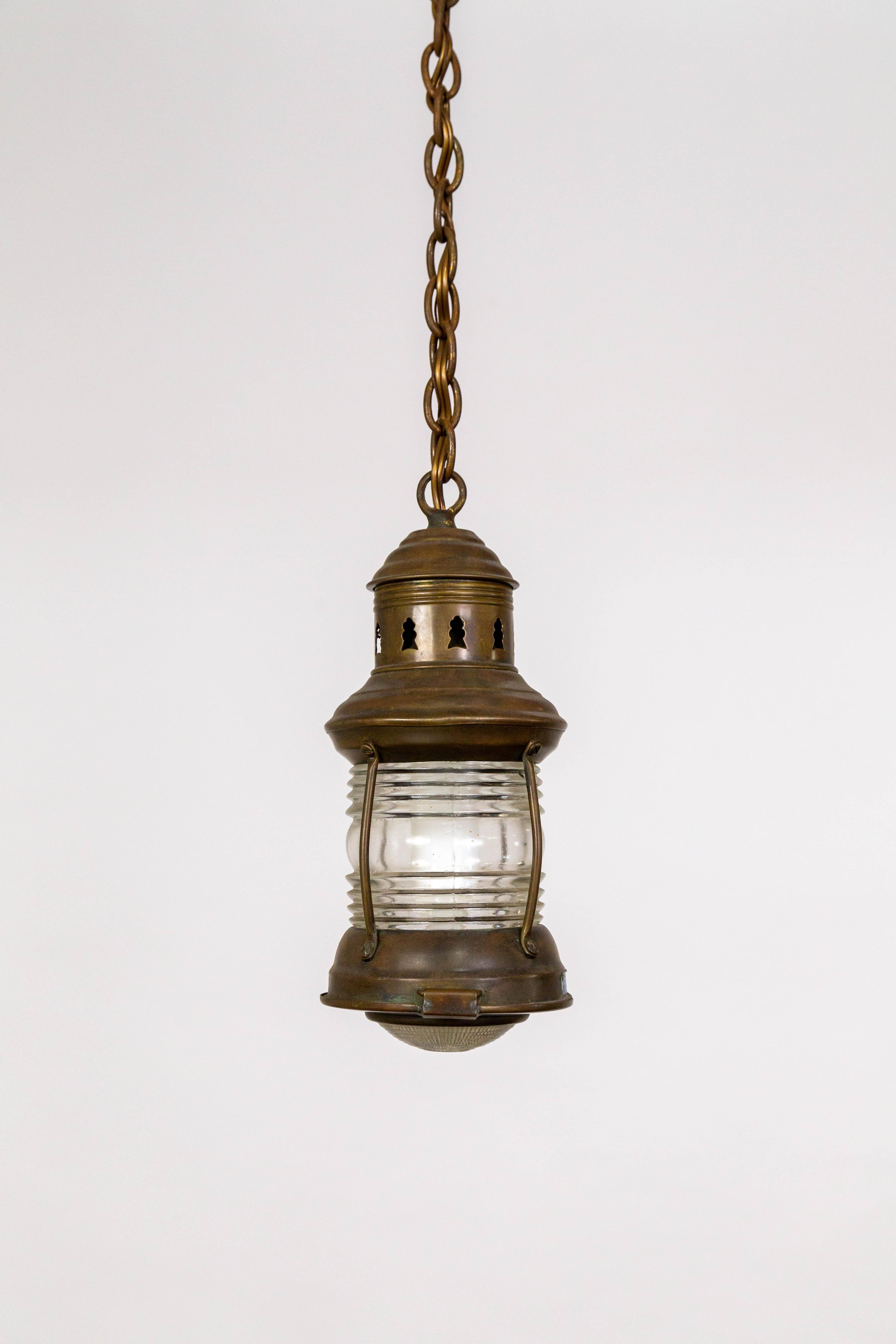 20th Century Petite Antique Nautical Lantern w/ Holophane Diffuser For Sale