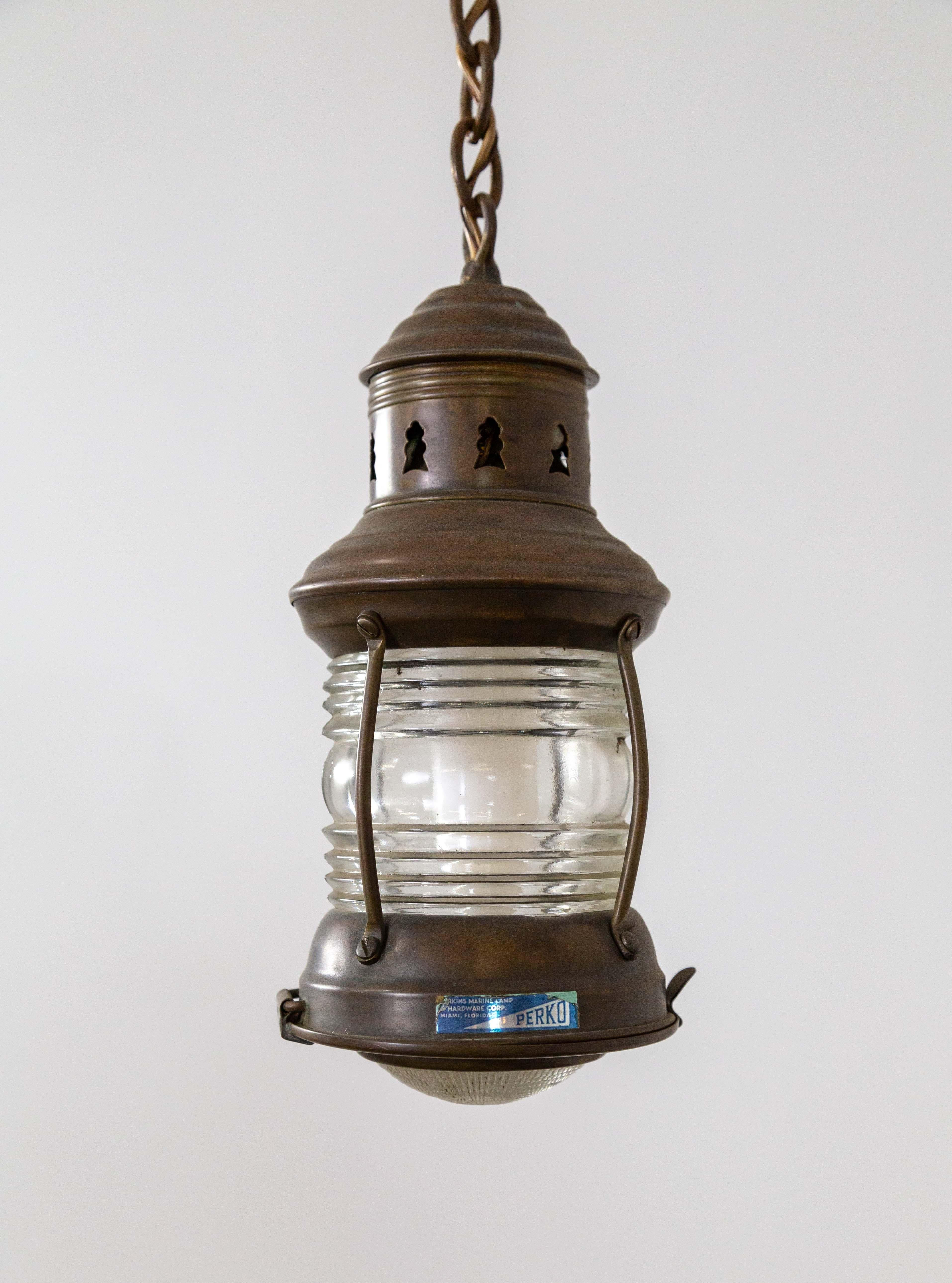 Petite Antique Nautical Lantern w/ Holophane Diffuser For Sale 1