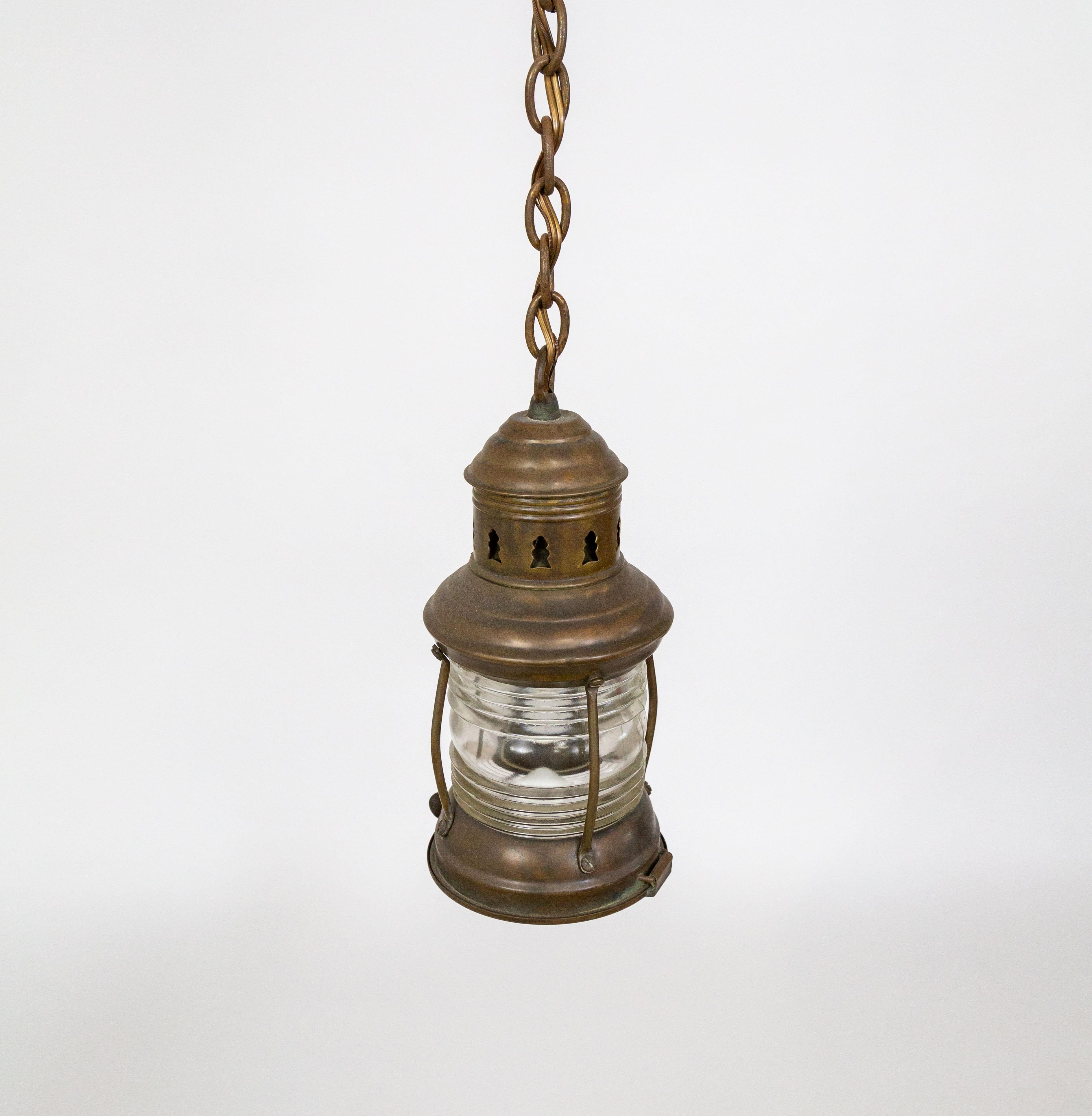 Petite Antique Nautical Lantern w/ Holophane Diffuser For Sale 3