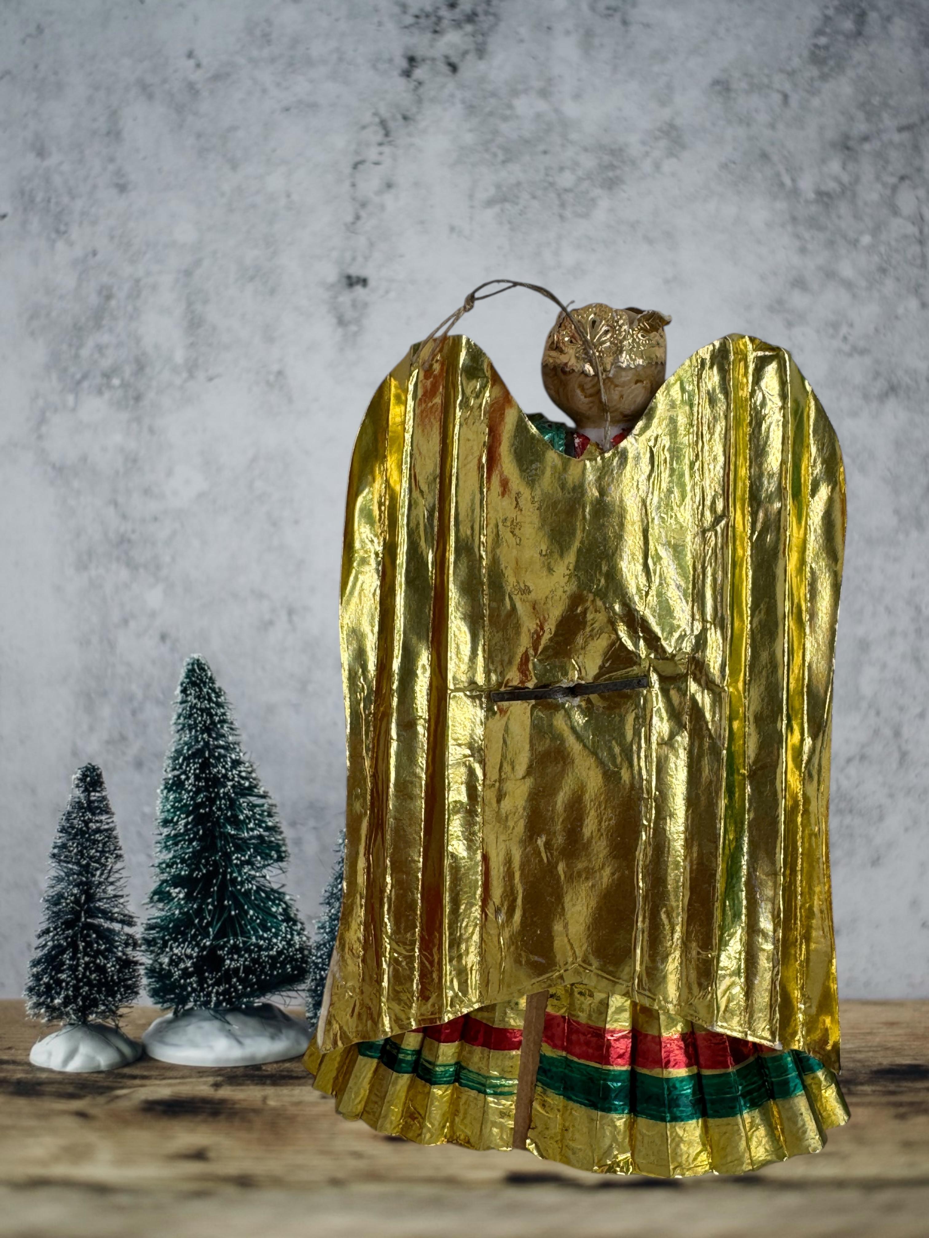 Petit arbre de Noël ancien Nuremberg en feuille d'or avec ange doré, années 1900 3