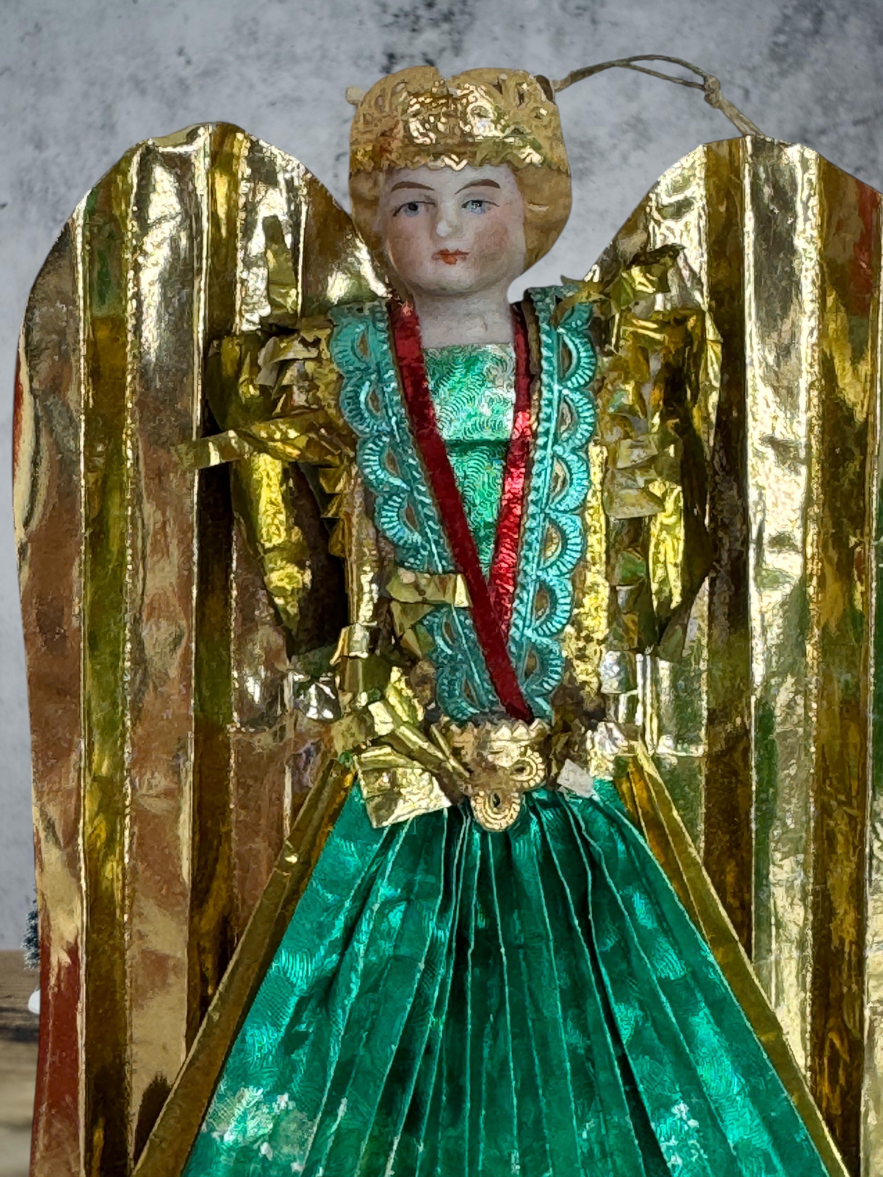 Petit arbre de Noël ancien Nuremberg en feuille d'or avec ange doré, années 1900 4