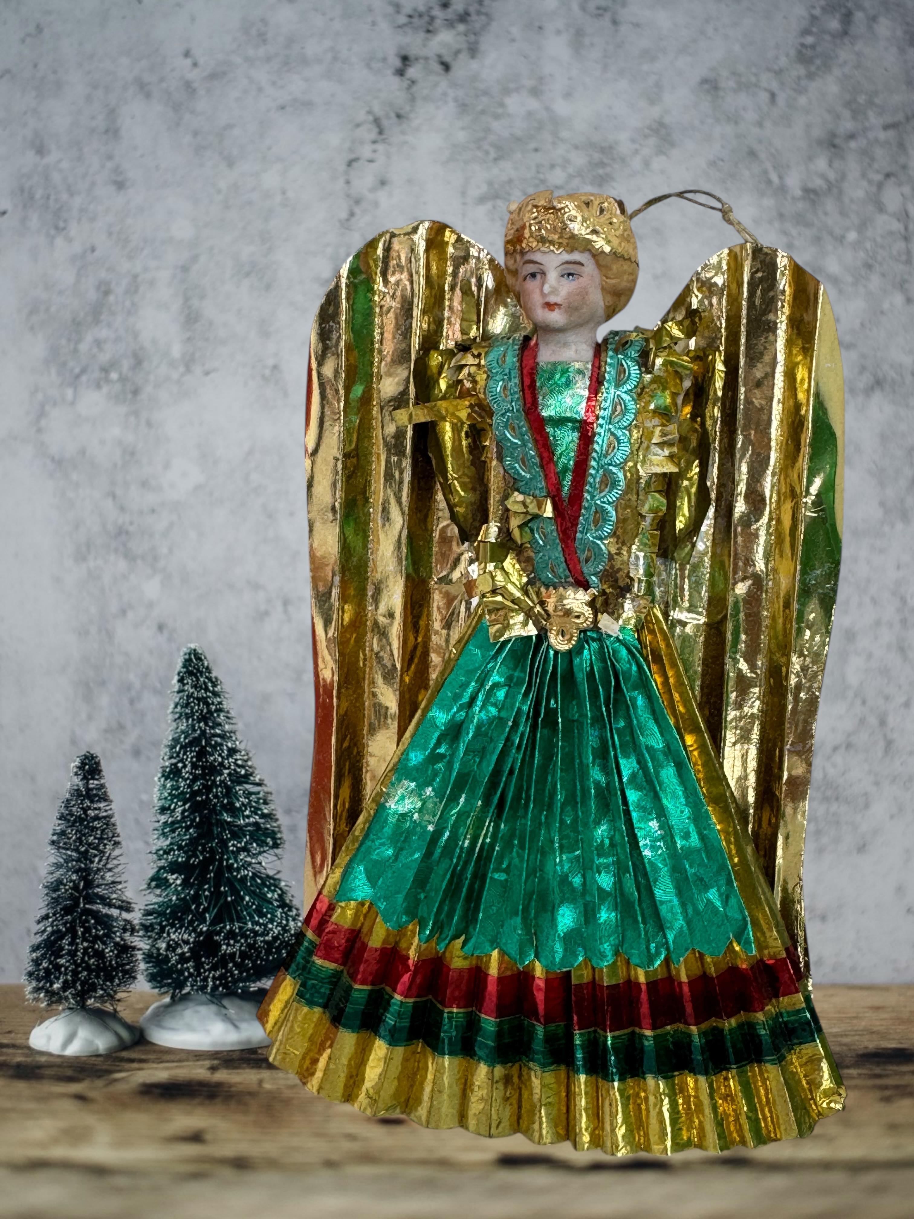 Papier Petit arbre de Noël ancien Nuremberg en feuille d'or avec ange doré, années 1900