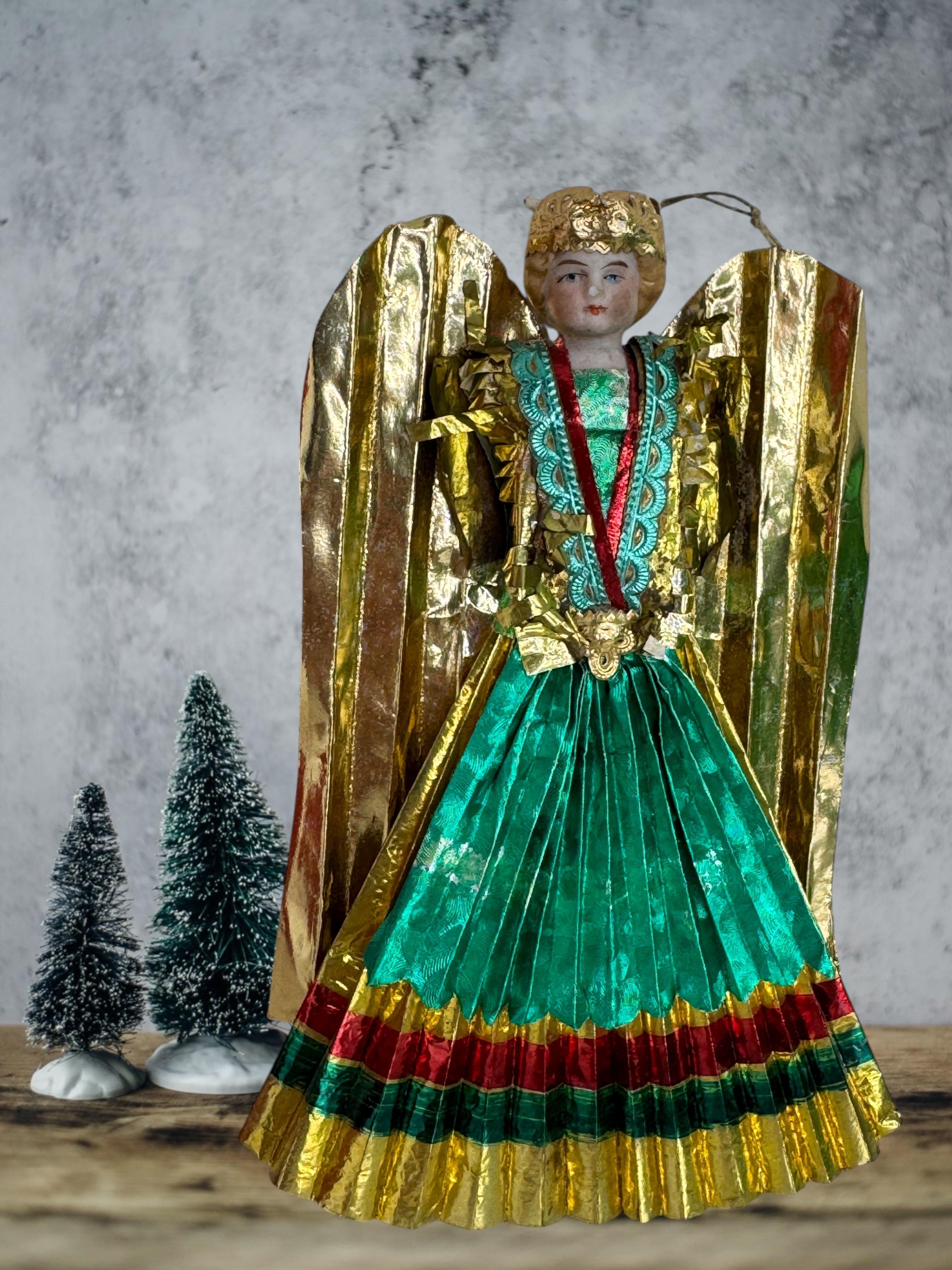 Petit arbre de Noël ancien Nuremberg en feuille d'or avec ange doré, années 1900 1