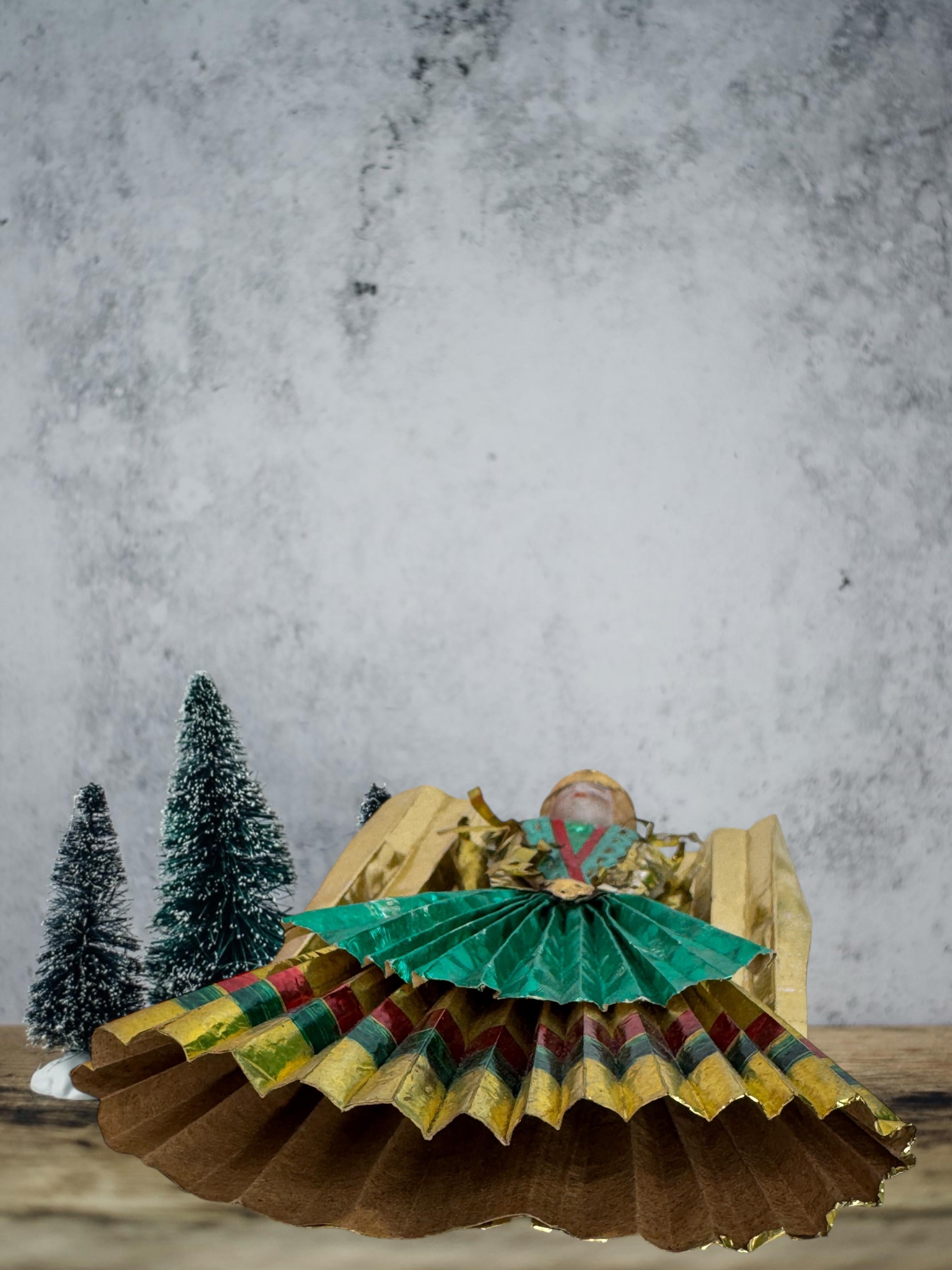 Petit arbre de Noël ancien Nuremberg en feuille d'or avec ange doré, années 1900 2