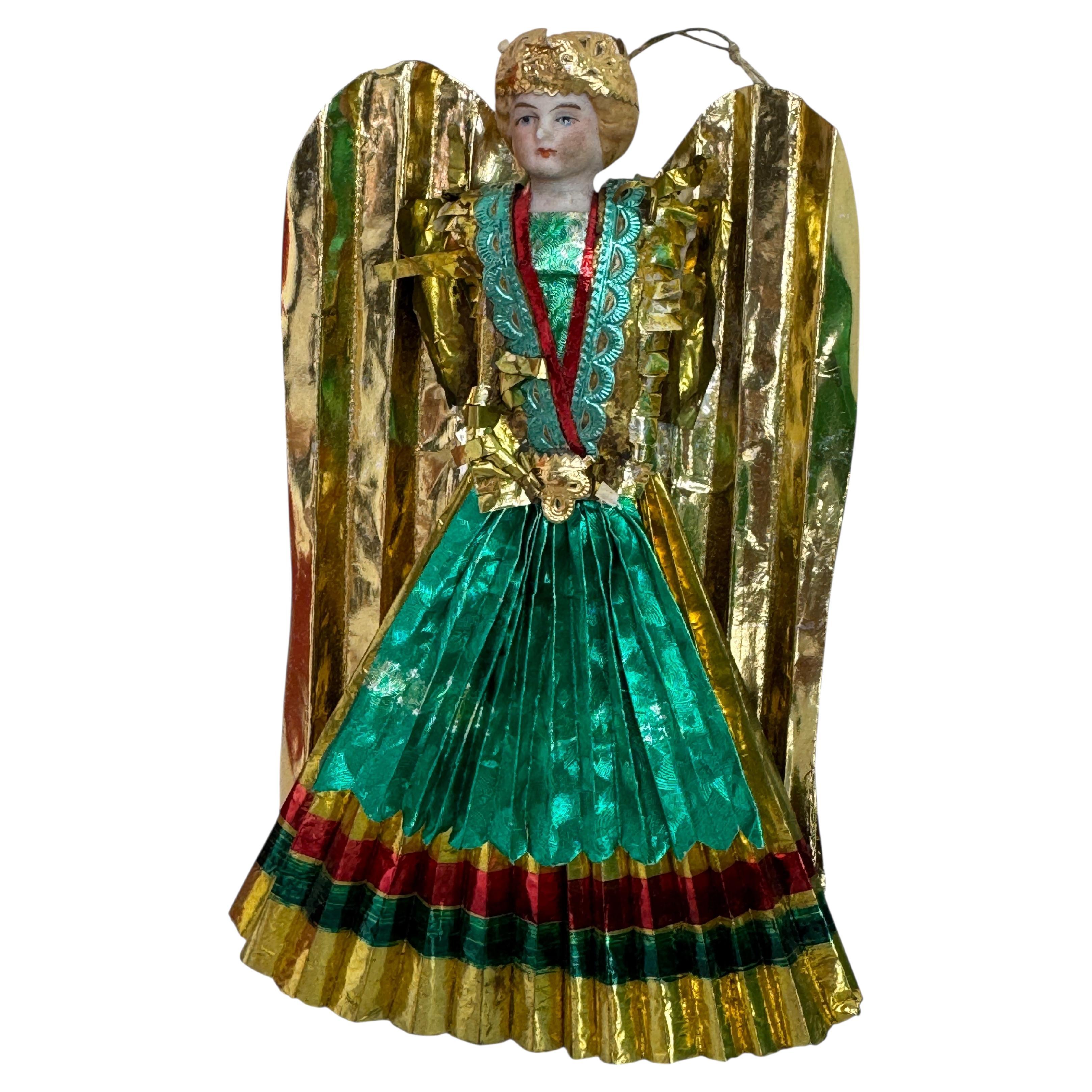 Petit arbre de Noël ancien Nuremberg en feuille d
or avec ange doré, années 1900