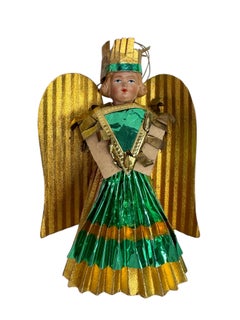 Petite Antique Nuremberg Gold Foil Golden Angel Christmas Tree Topper 1930s