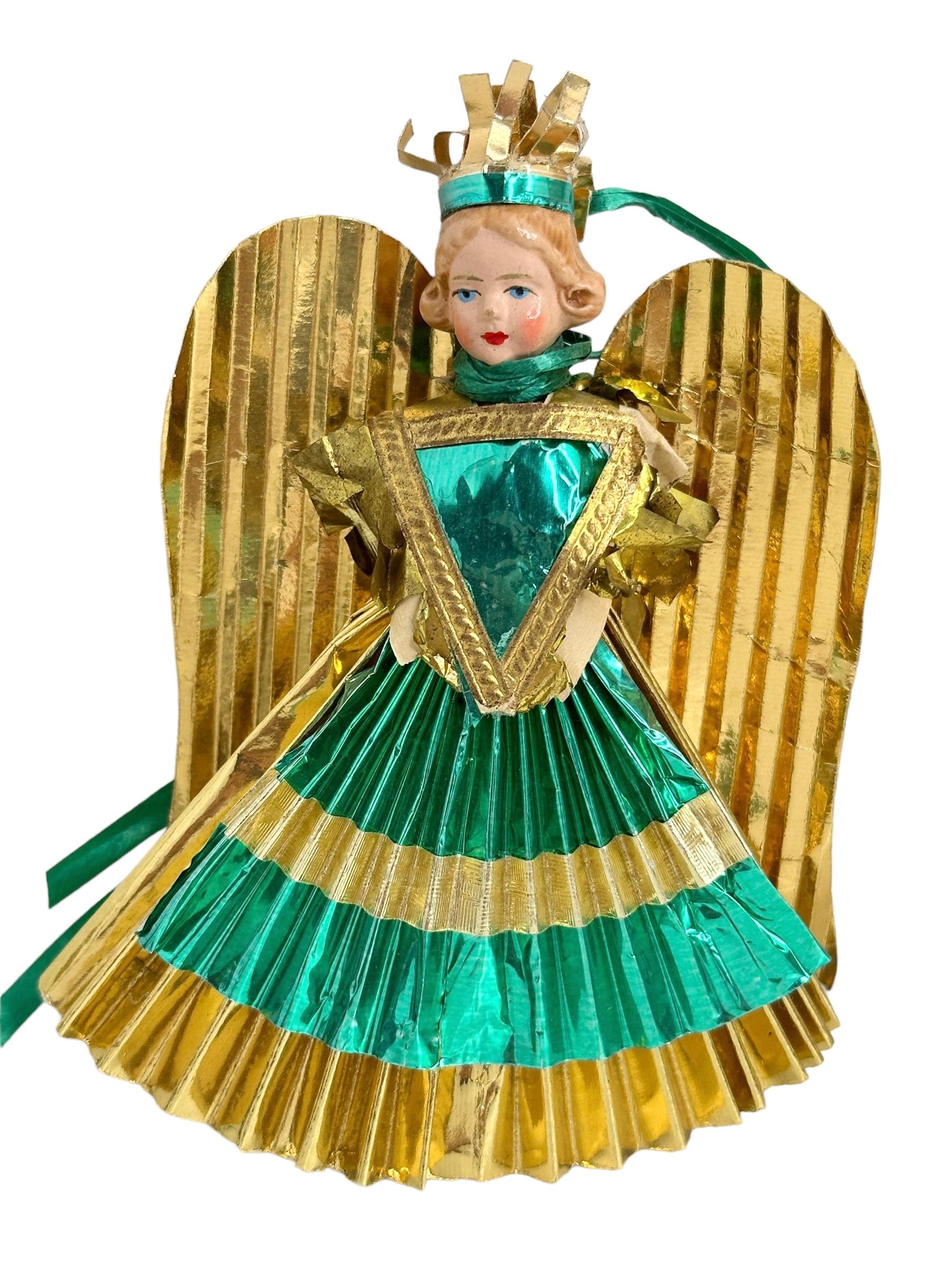 Folk Art Petite Antique Nuremberg Gold Foil Golden Angel Christmas Tree Topper 1930s
