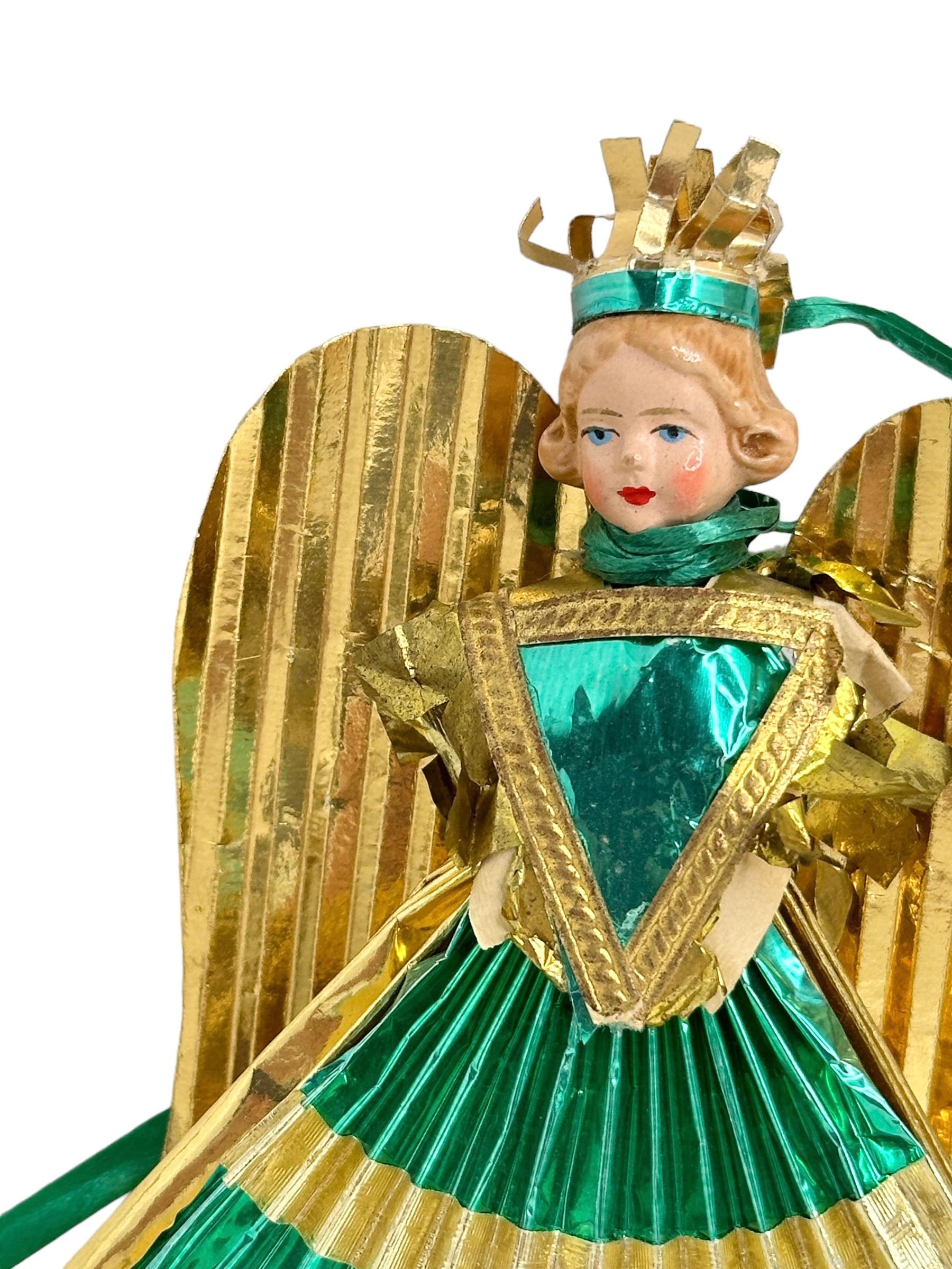 German Petite Antique Nuremberg Gold Foil Golden Angel Christmas Tree Topper 1930s