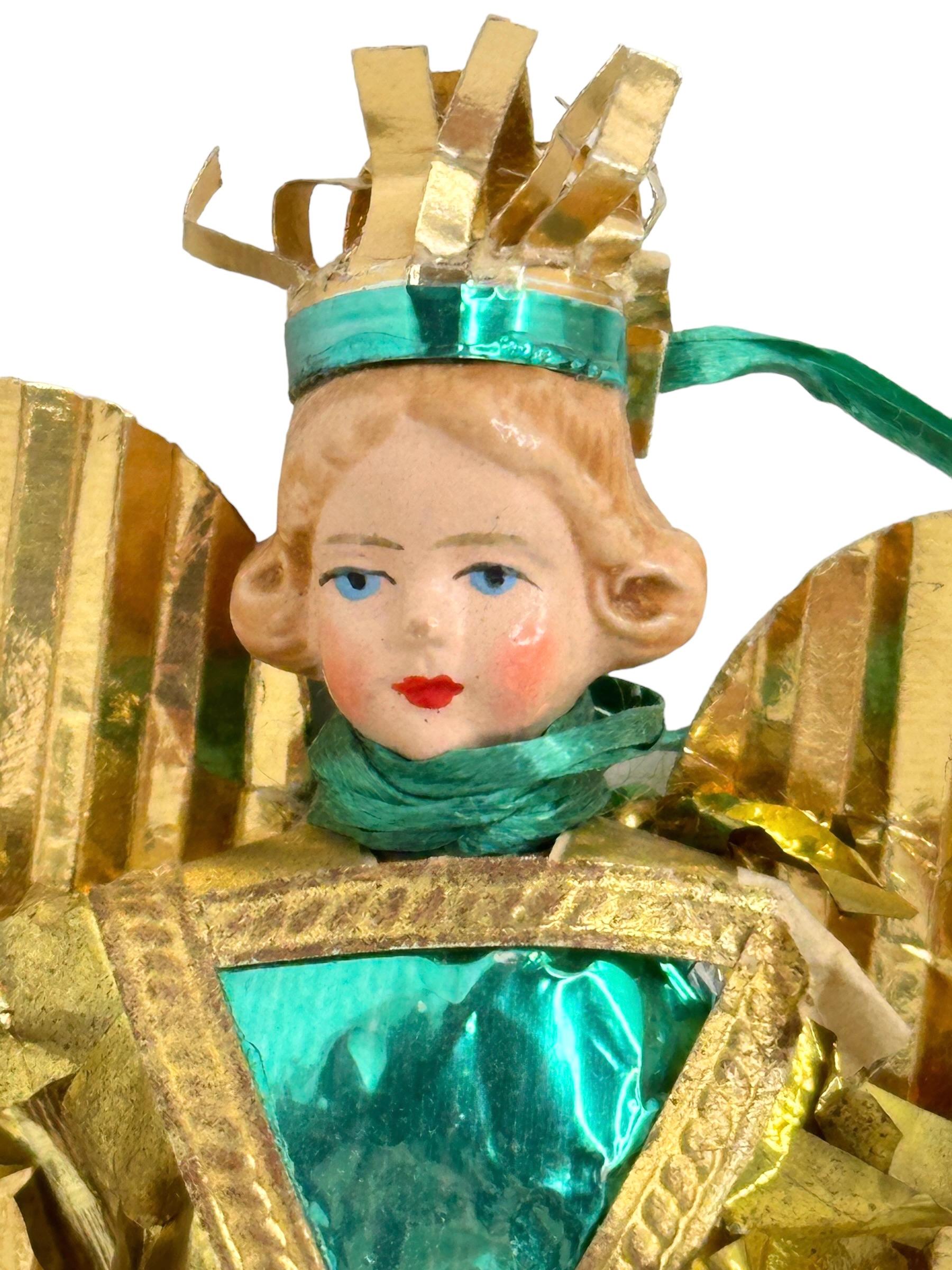Petite Antique Nuremberg Gold Foil Golden Angel Christmas Tree Topper 1930s 1