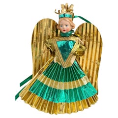 Petite Antique Nuremberg Gold Foil Golden Angel Christmas Tree Topper 1930s