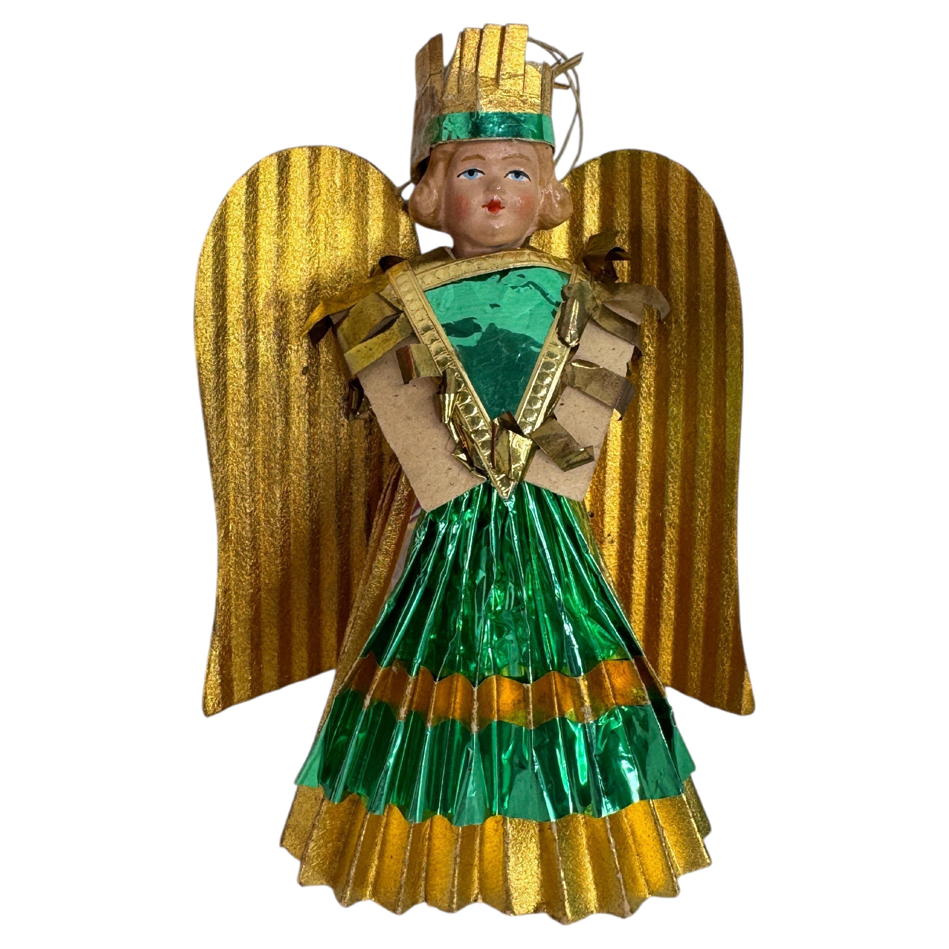 Petite Antique Nuremberg Gold Foil Golden Angel Christmas Tree Topper 1930s