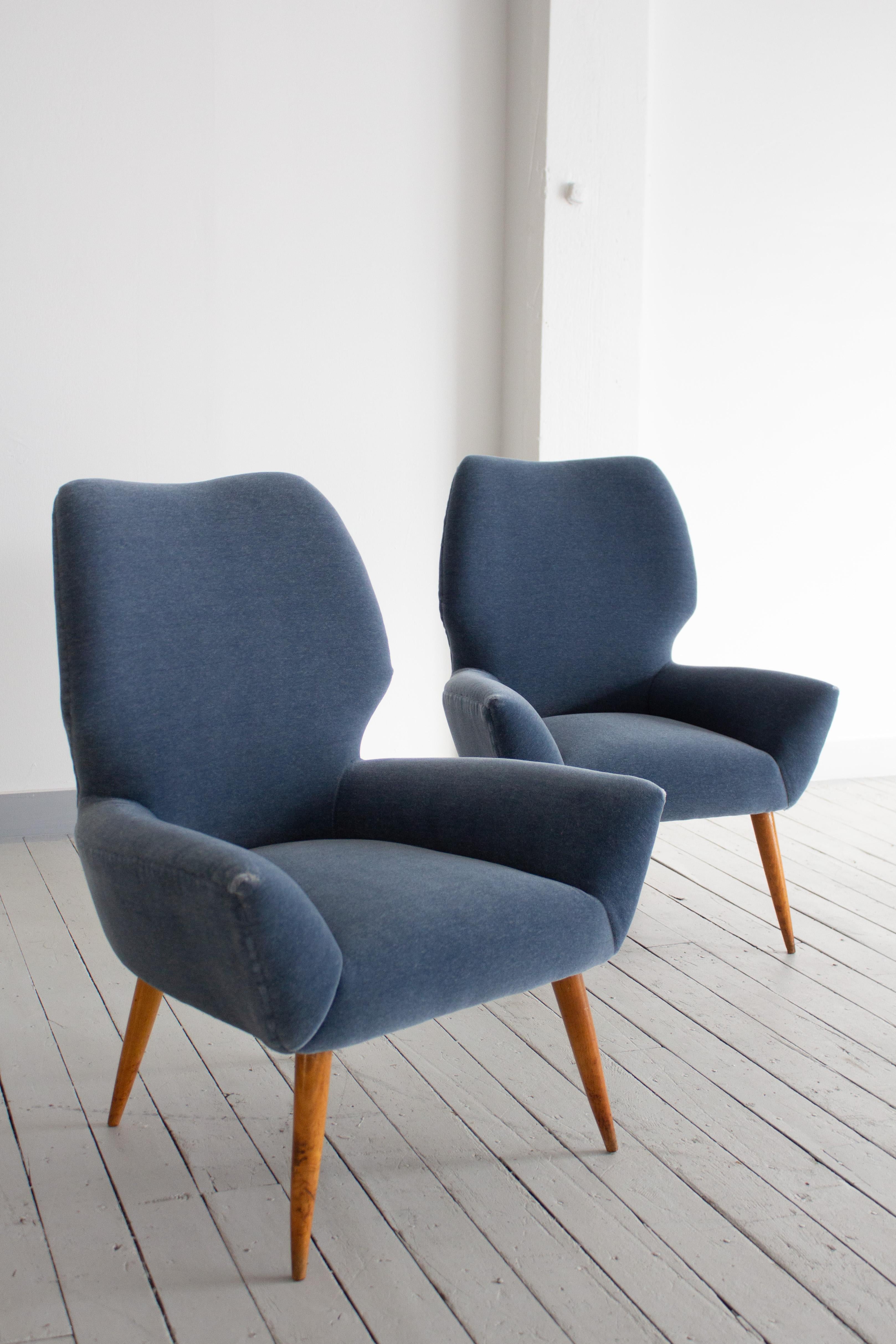 Mid-Century Modern Petite Armchairs in Blue Mohair in the Style of Melchiorre Bega - a Pair For Sale
