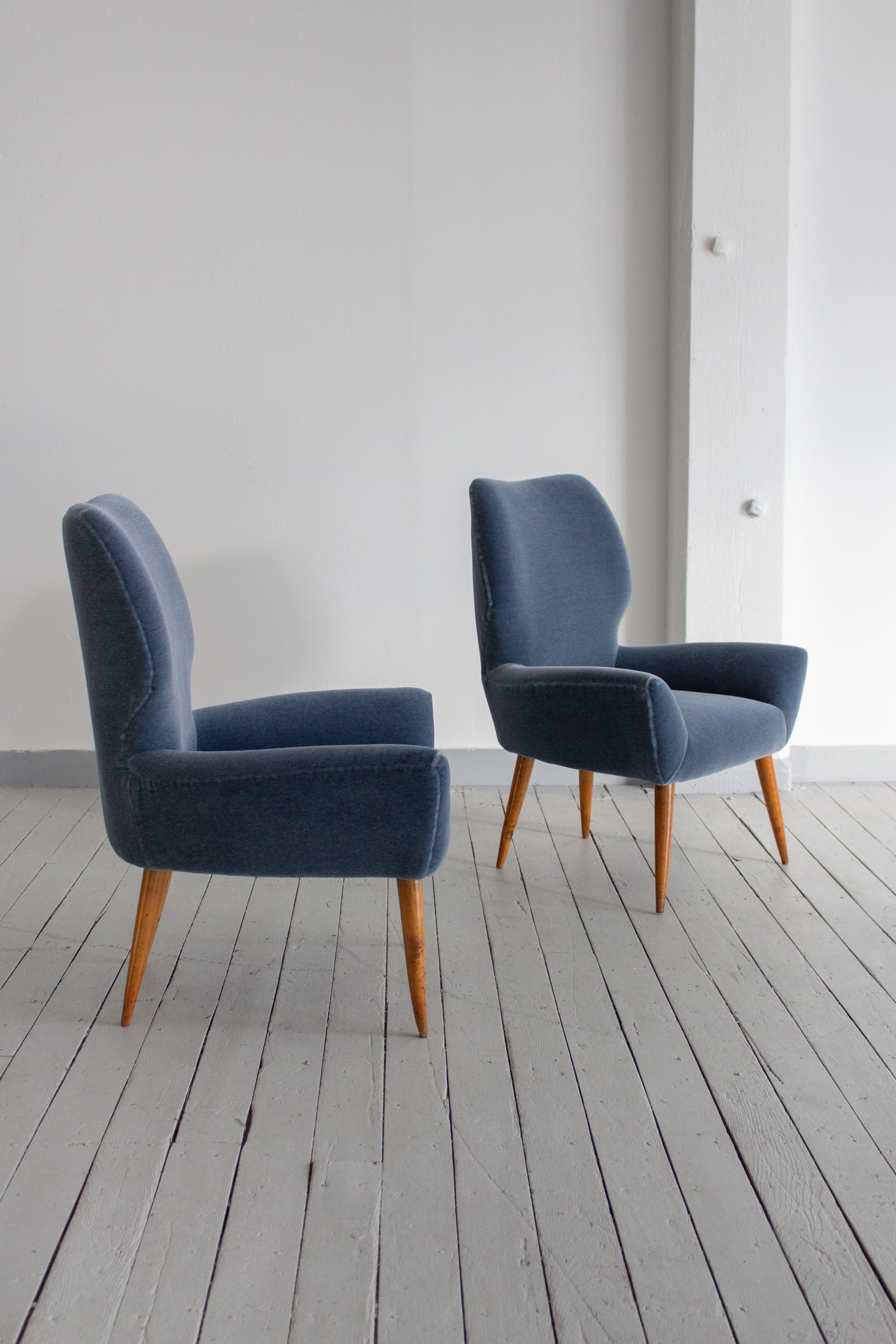 Petite Armchairs in Blue Mohair in the Style of Melchiorre Bega - a Pair For Sale 1