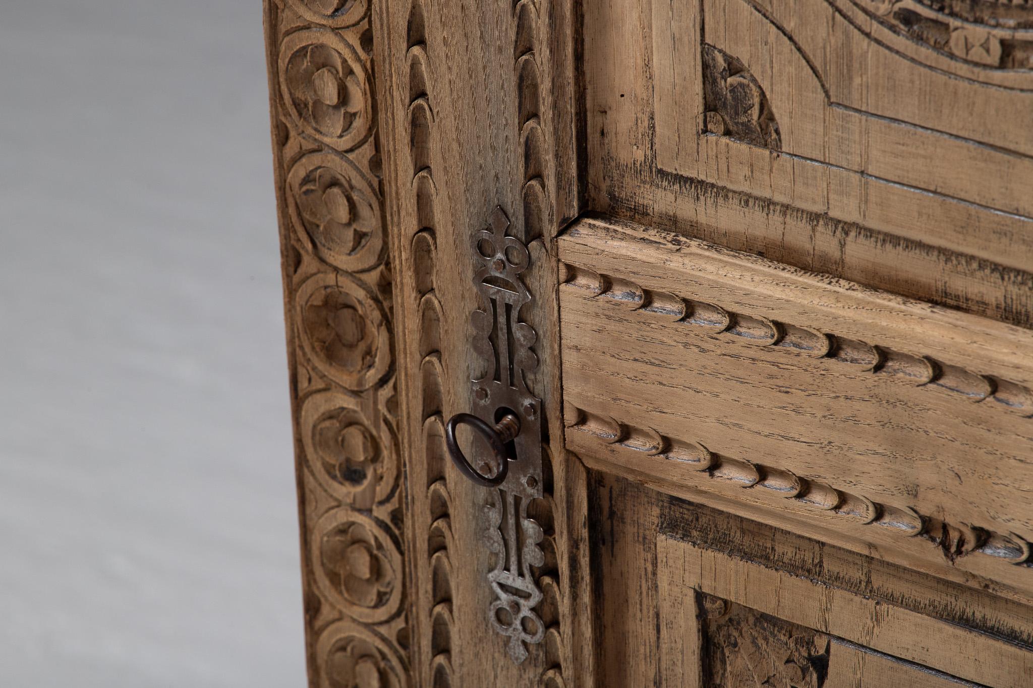 Oak Petite Armoire in Carved Pine, Spain, 19th Century For Sale