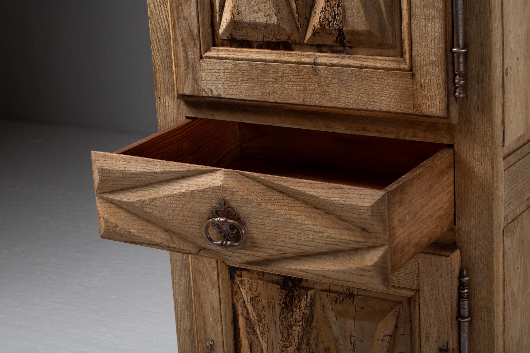 French Petite Armoire with Diamond-Relief Panels in Oak, France For Sale