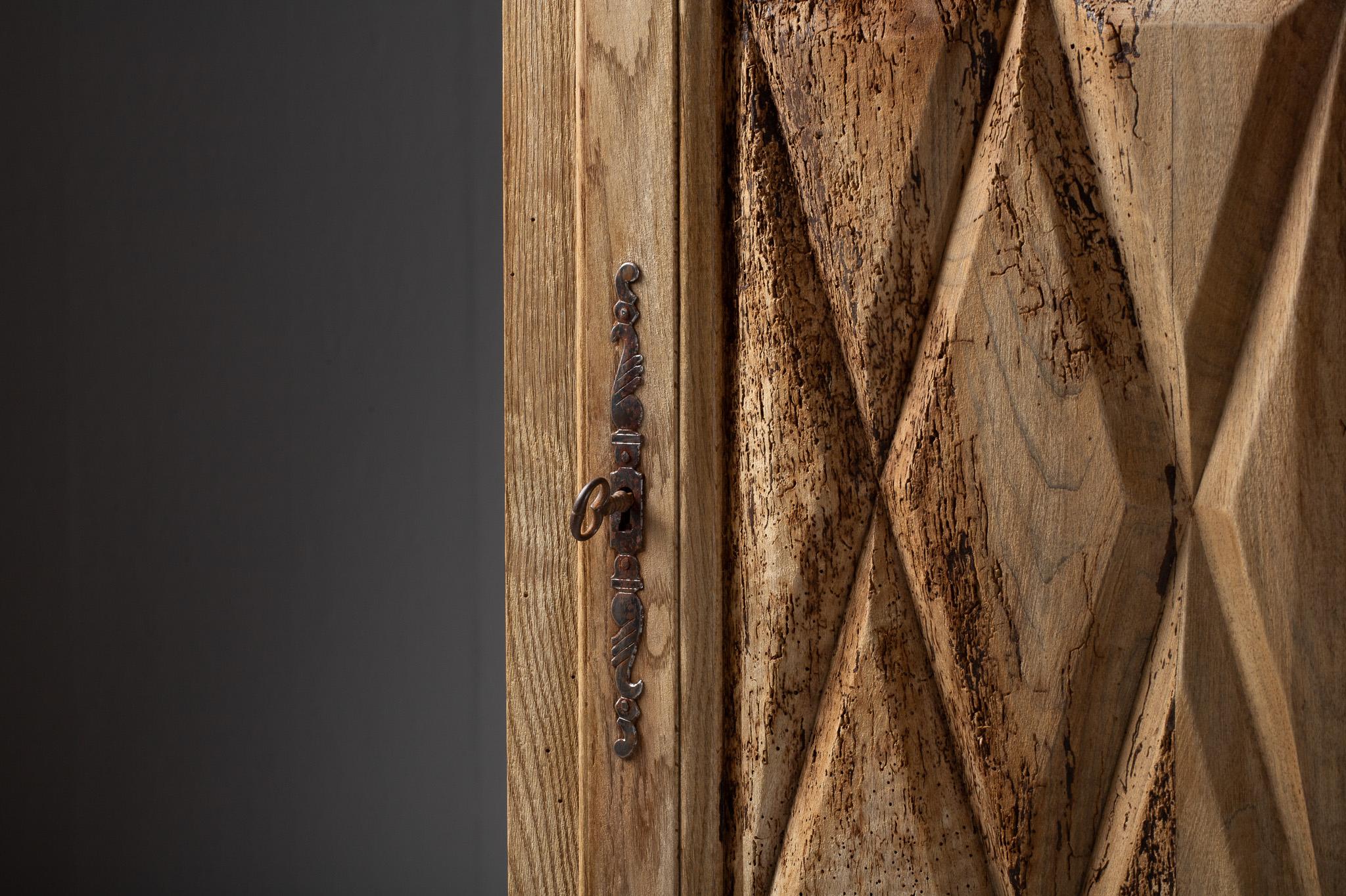 Mid-20th Century Petite Armoire with Diamond-Relief Panels in Oak, France For Sale