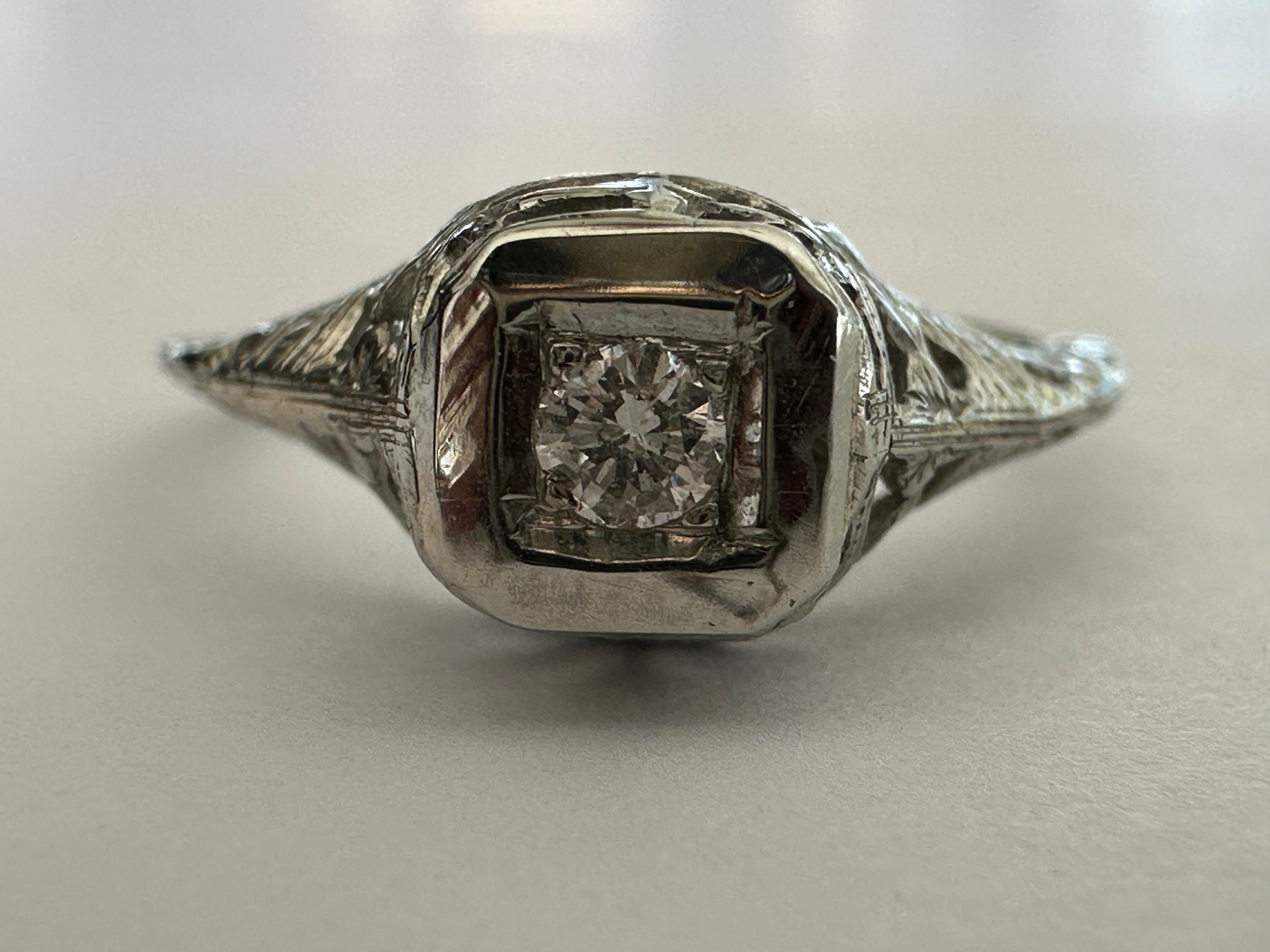 Petite Art Deco Diamond Solitaire and Filigree Engagement Ring  For Sale 2