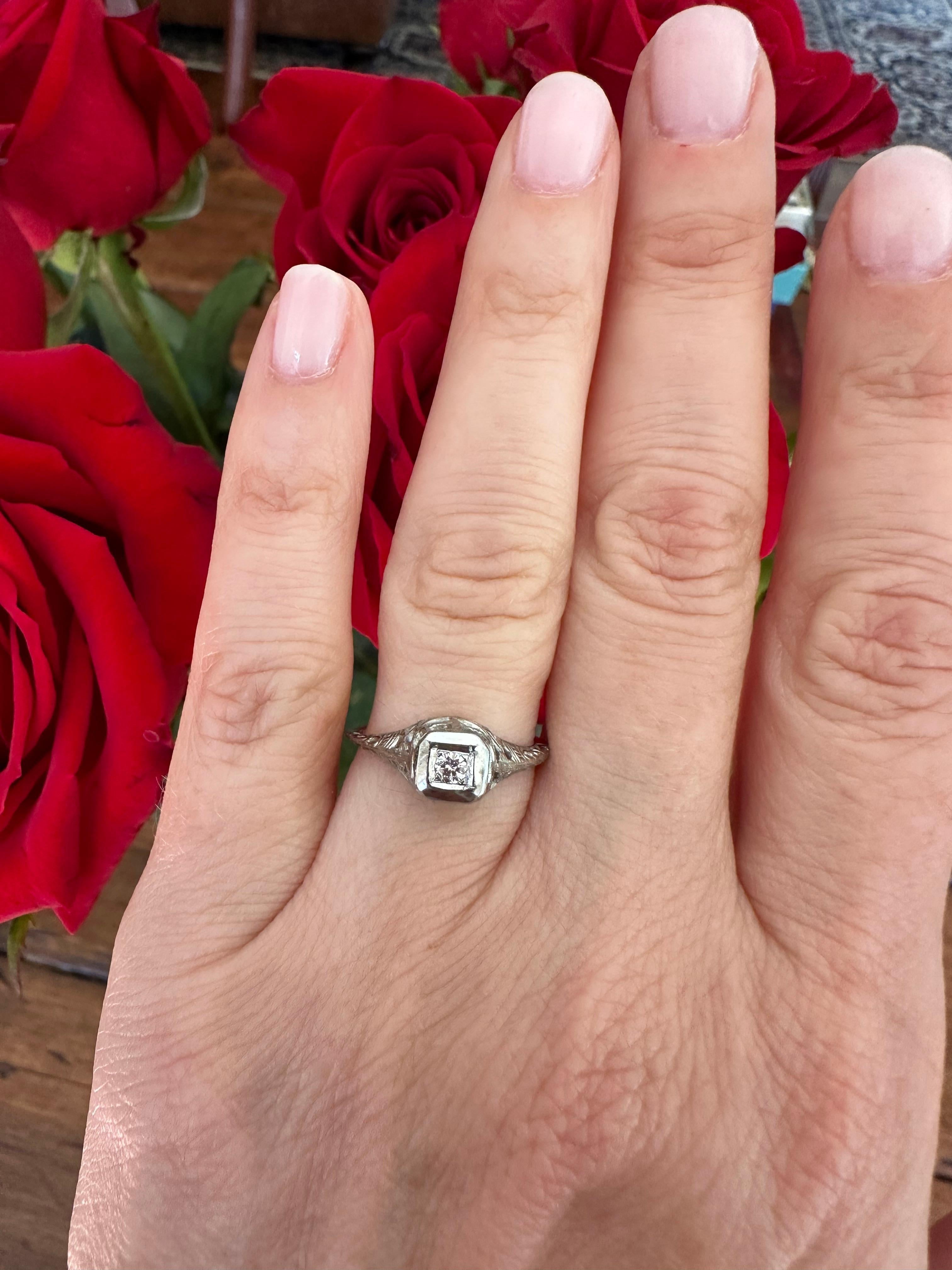 Petite Art Deco Diamond Solitaire and Filigree Engagement Ring For Sale 3