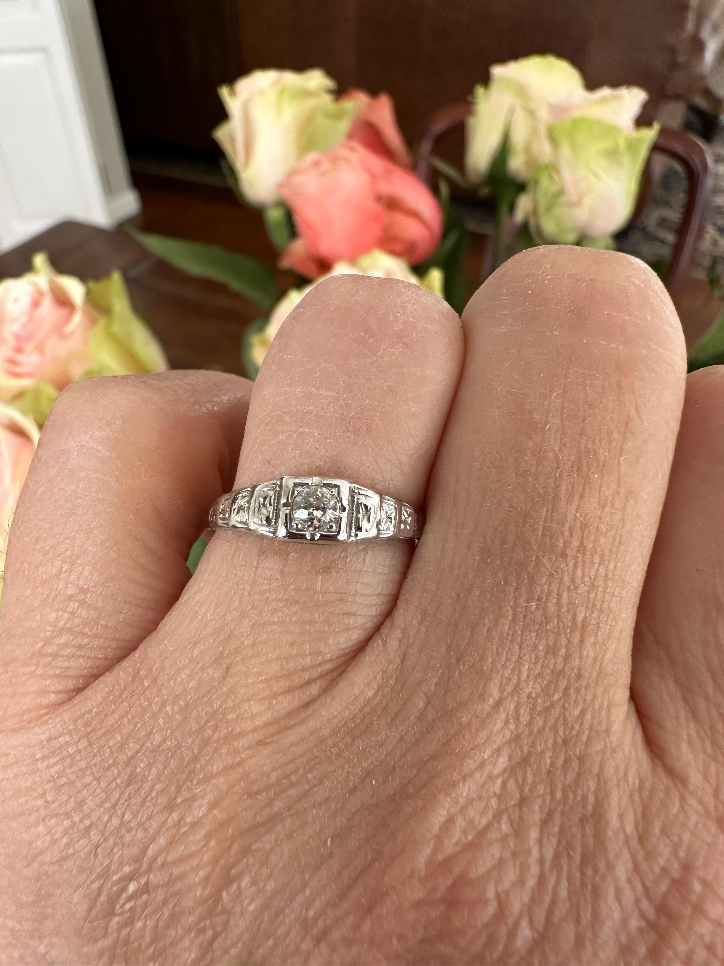 Petite Art Deco Diamond Solitaire Engagement Ring  For Sale 4