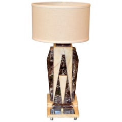 Petite Art Deco Italian Marble and Chrome Bedside Table Lamp with Round Shade