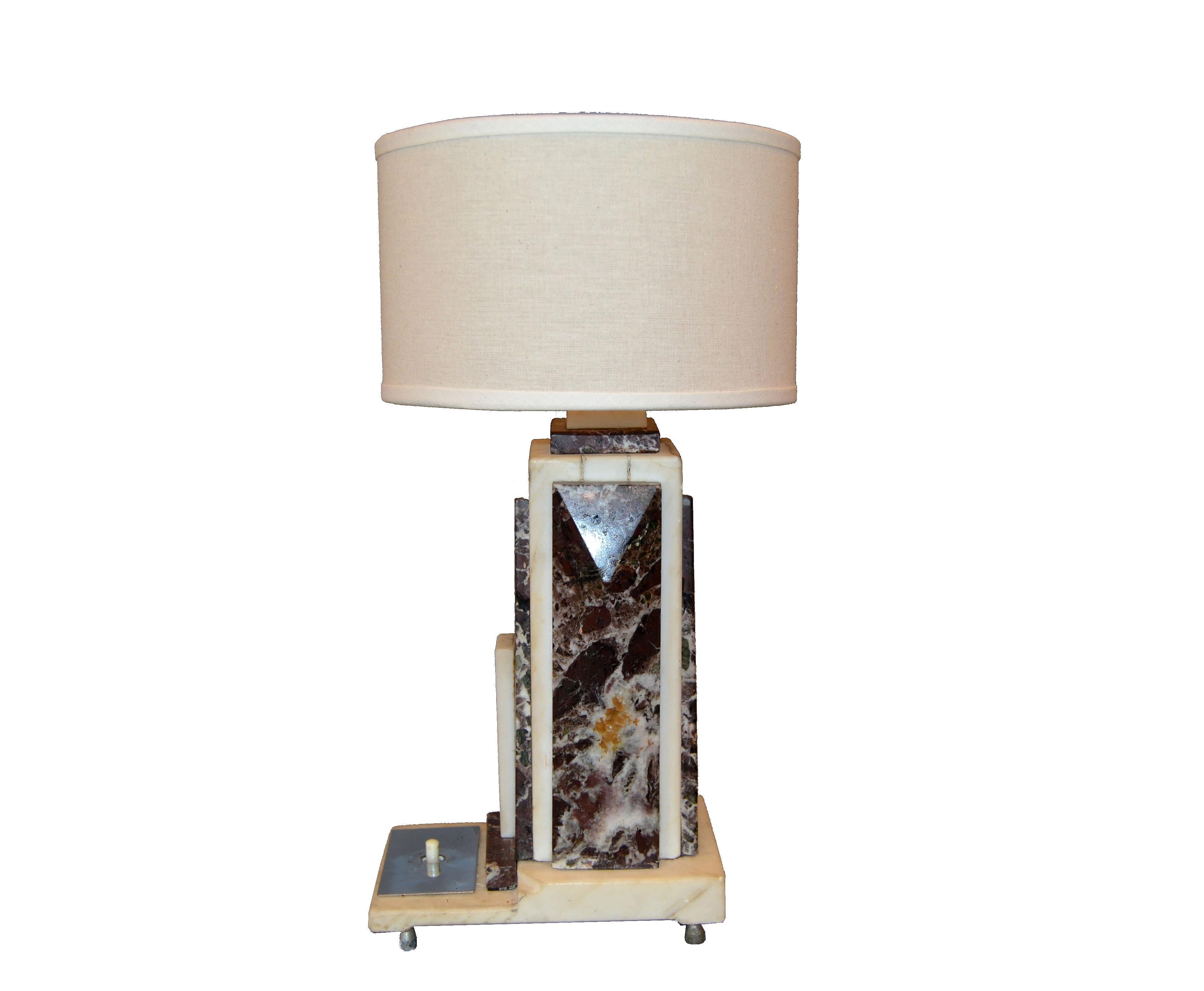 Petite Art Deco Italian Marble and Chrome Bedside Table Lamp with Round Shade In Good Condition In Miami, FL