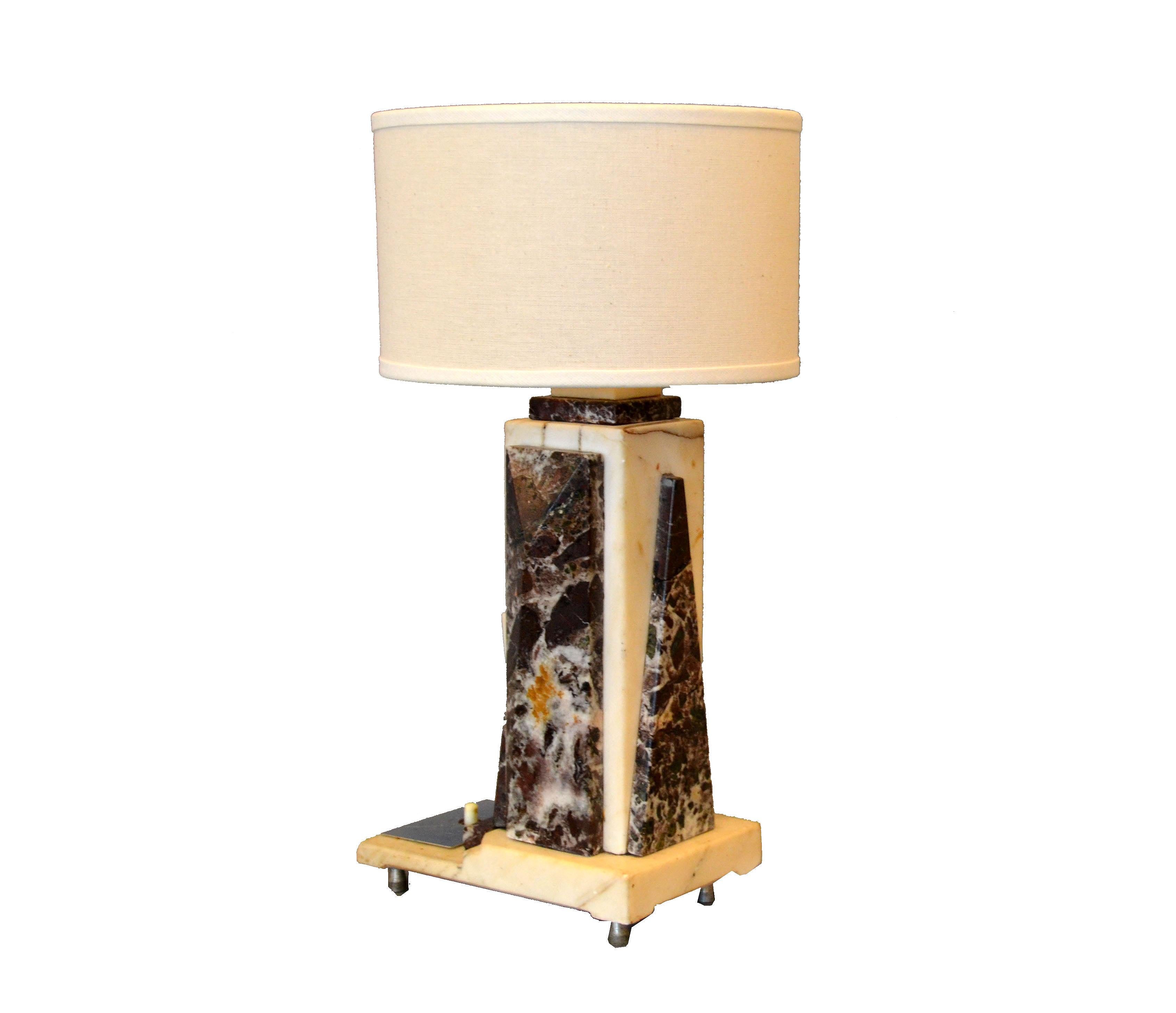 Petite Art Deco Italian Marble and Chrome Bedside Table Lamp with Round Shade 2
