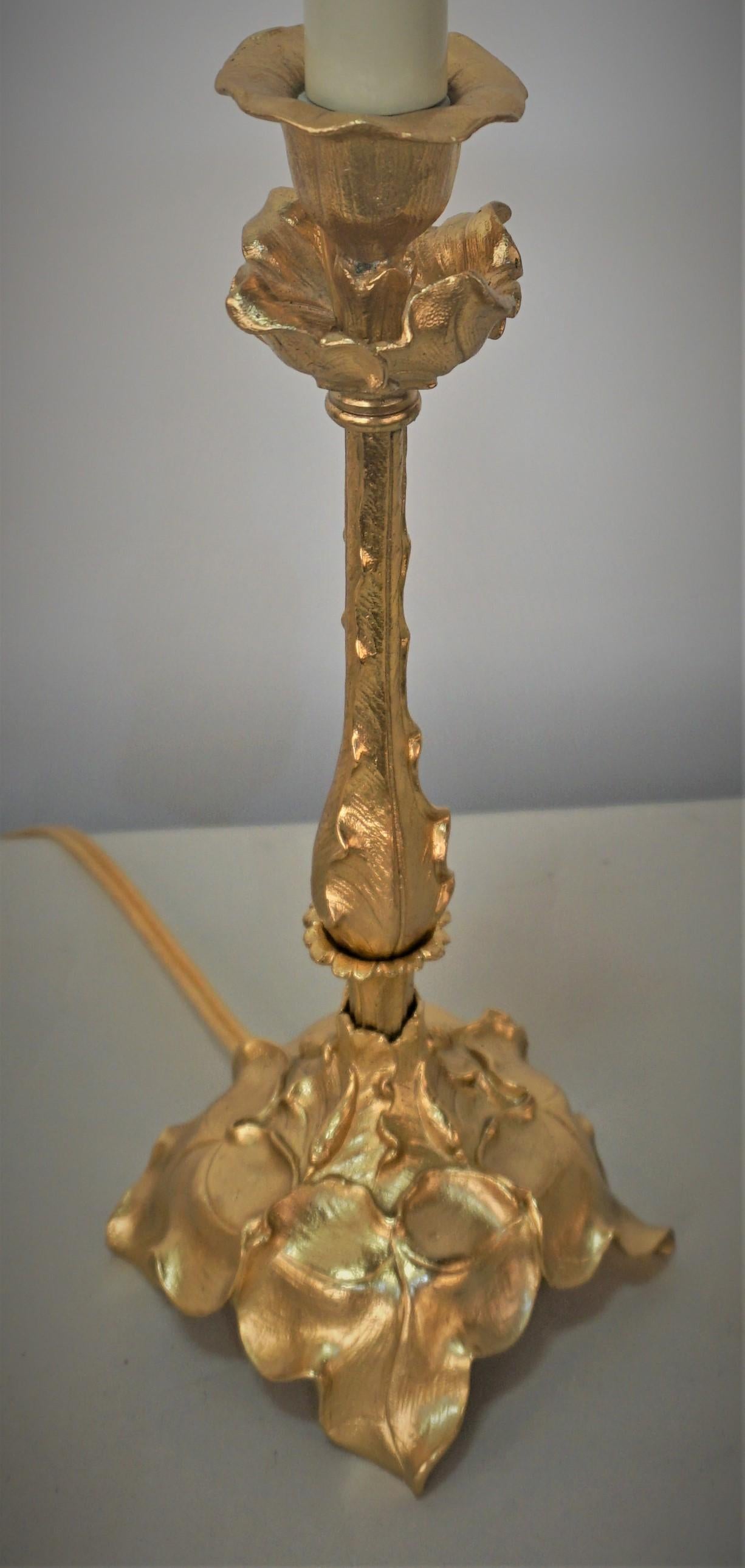 Petite Art Nouveau Dore Bronze Candlestick Lamp In Good Condition In Fairfax, VA