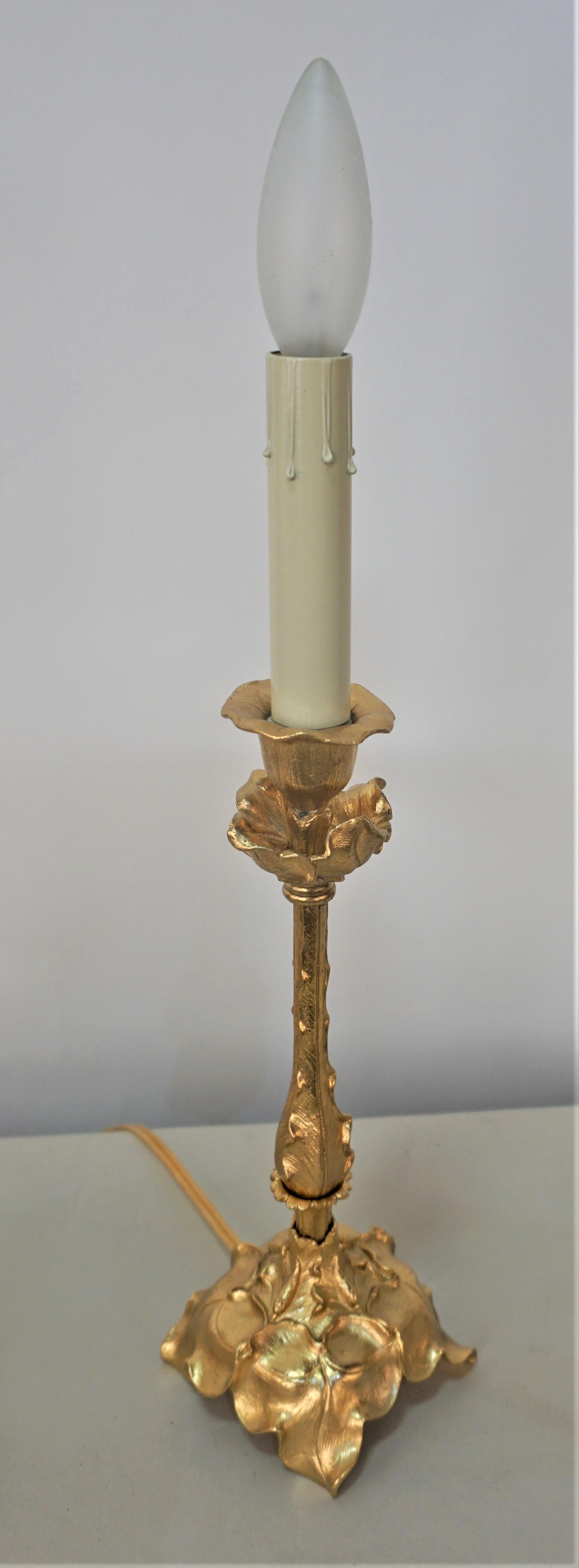 19th Century Petite Art Nouveau Dore Bronze Candlestick Lamp