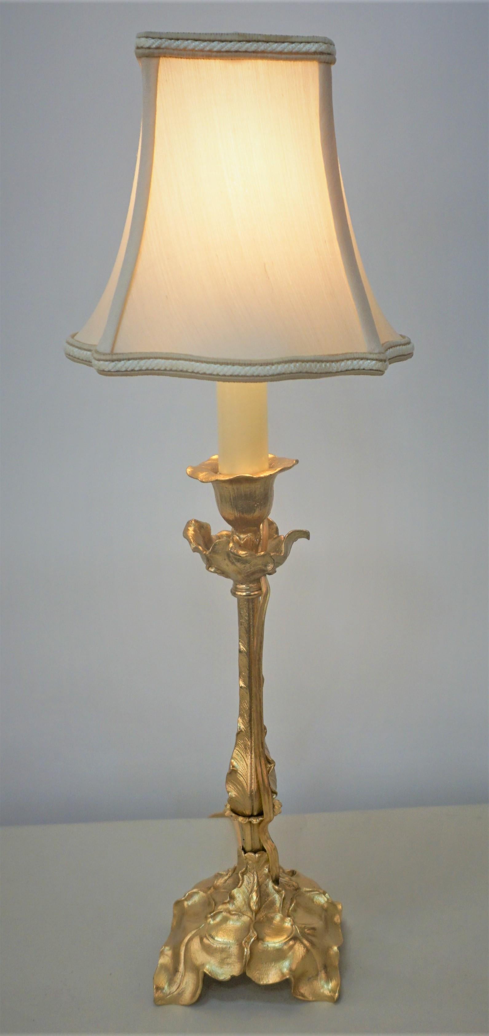 Petite Art Nouveau Dore Bronze Candlestick Lamp 2