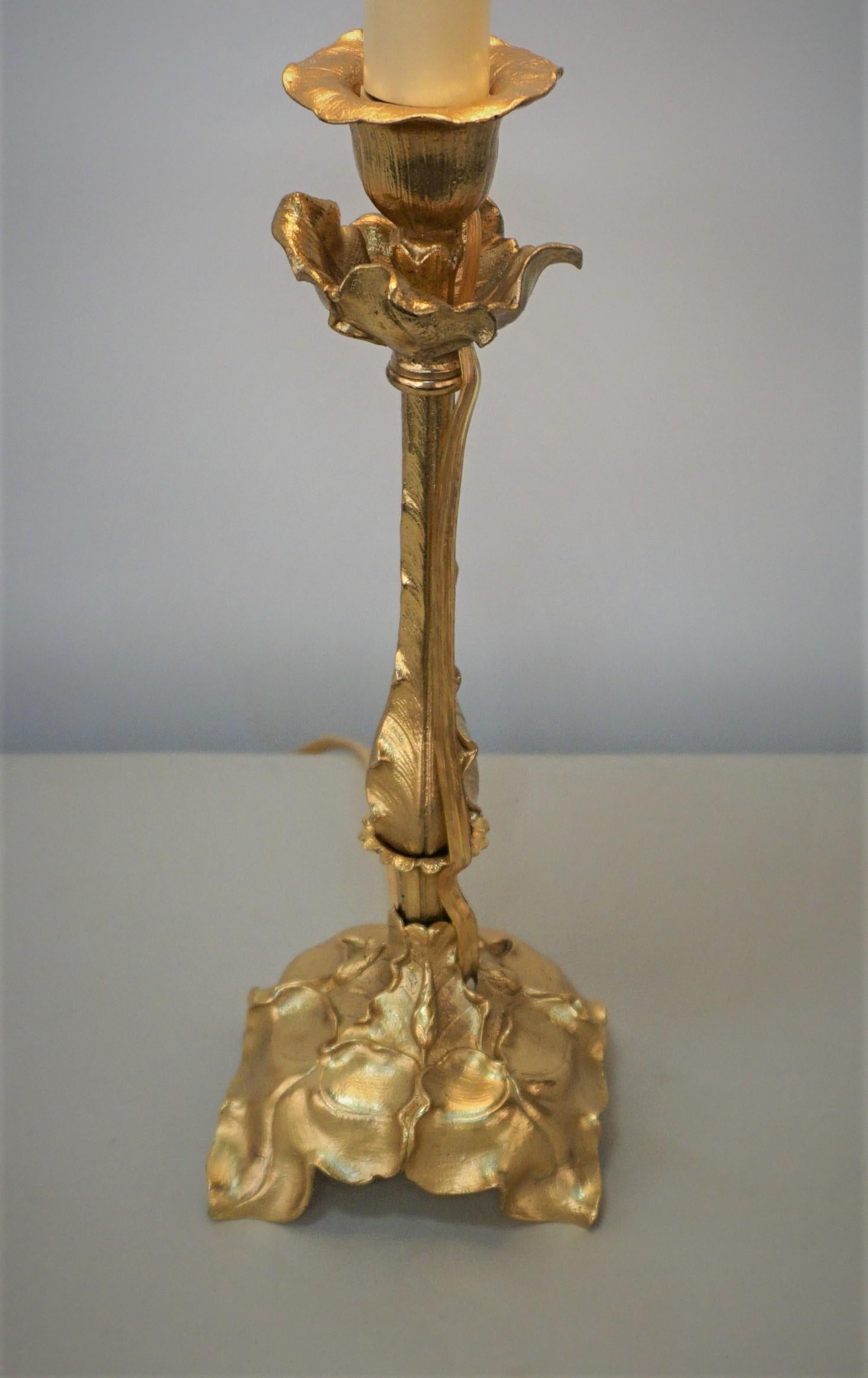 Petite Art Nouveau Dore Bronze Candlestick Lamp 3