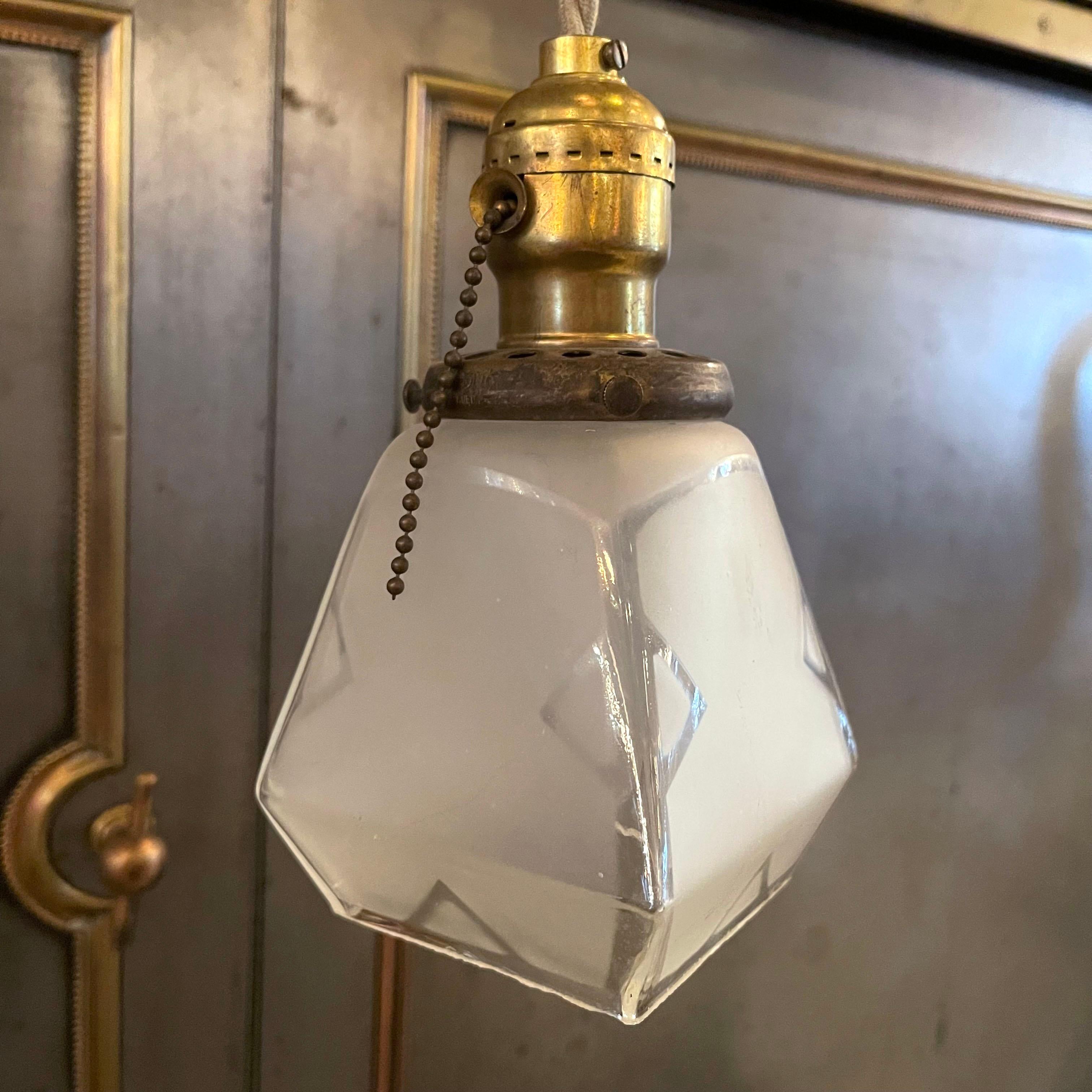 American Petite Arts and Crafts Faceted Frosted Glass Pendant Light For Sale