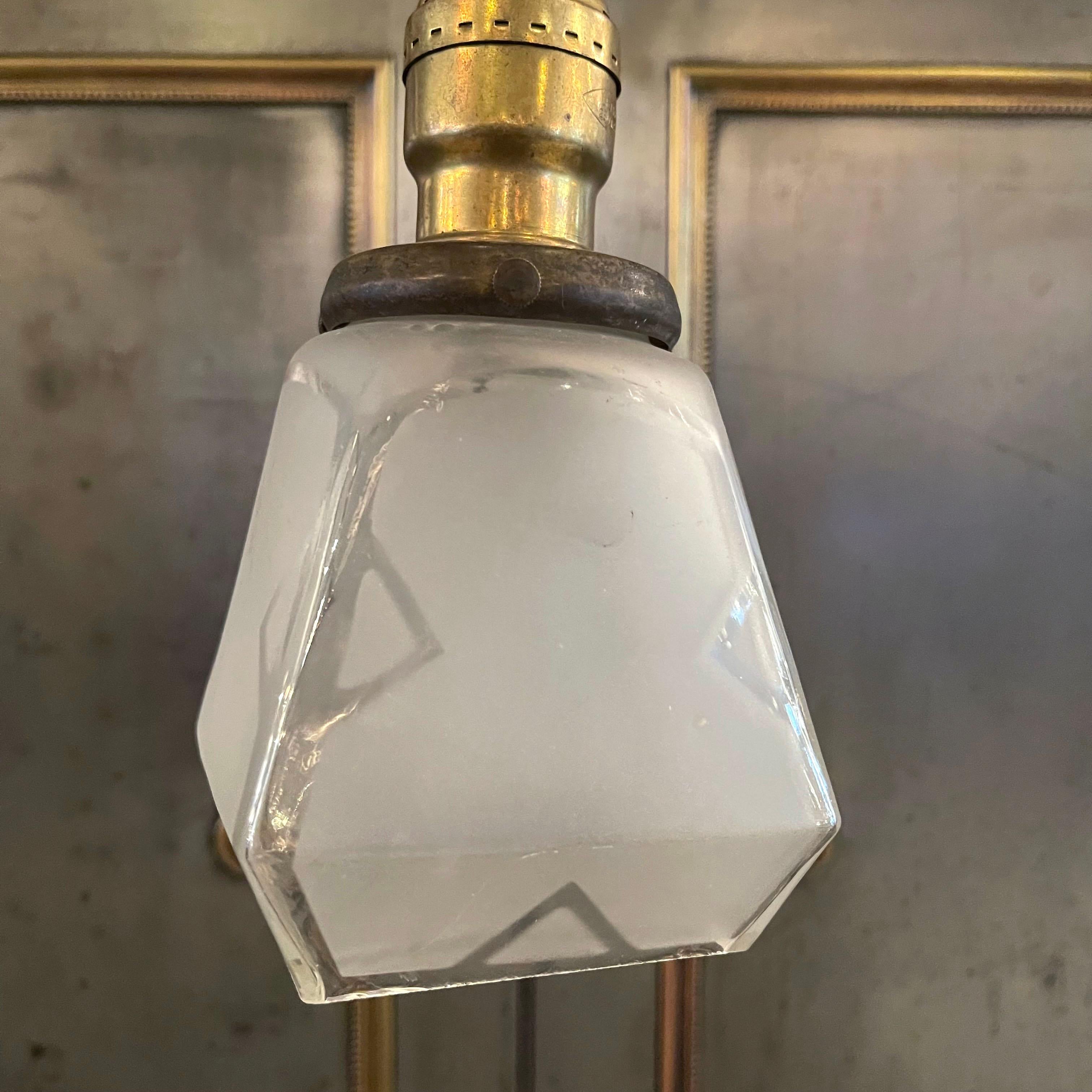 Petite Arts and Crafts Faceted Frosted Glass Pendant Light In Good Condition For Sale In Brooklyn, NY