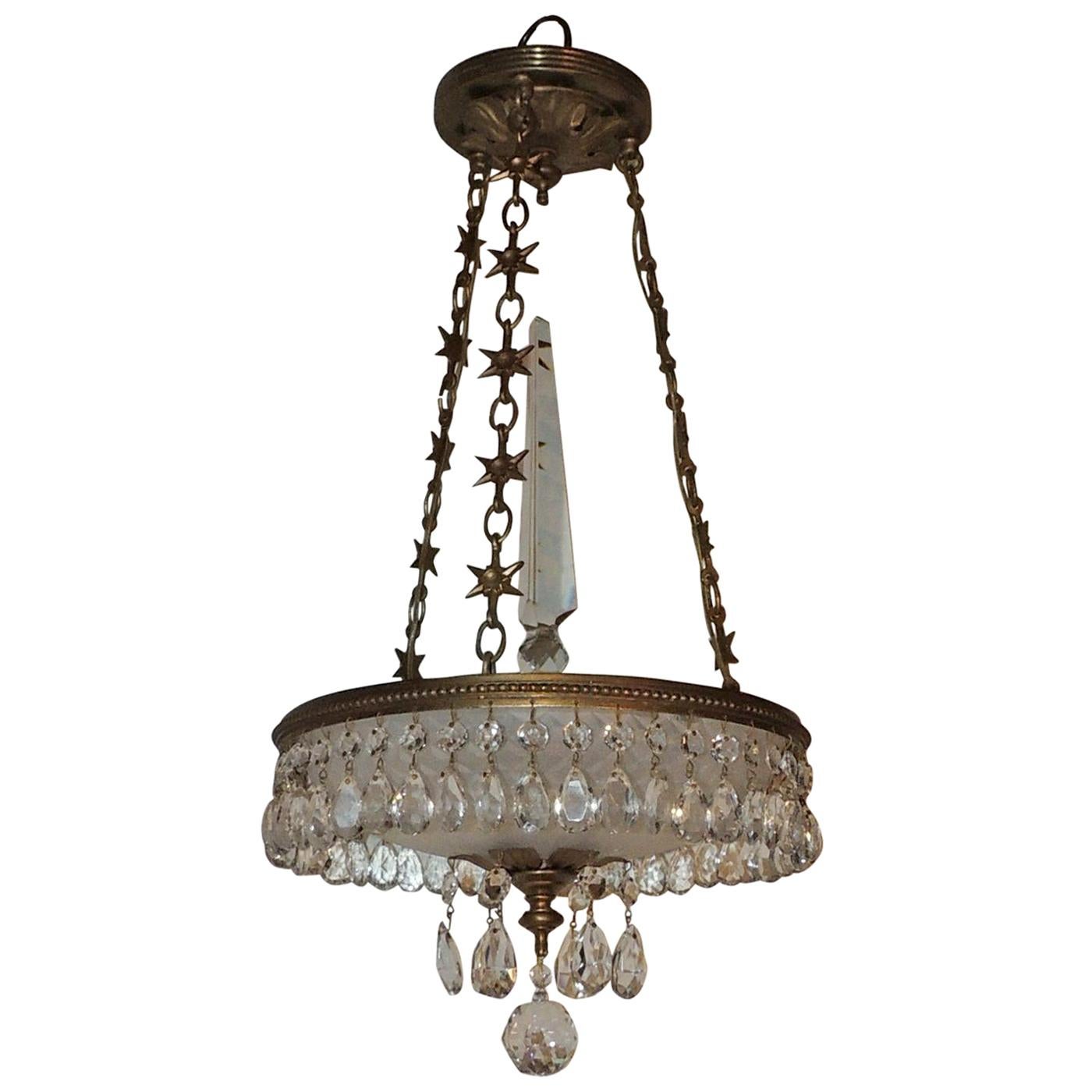 Baltic Neoclassical Doré Bronze and Crystal Red Glass Chandelier